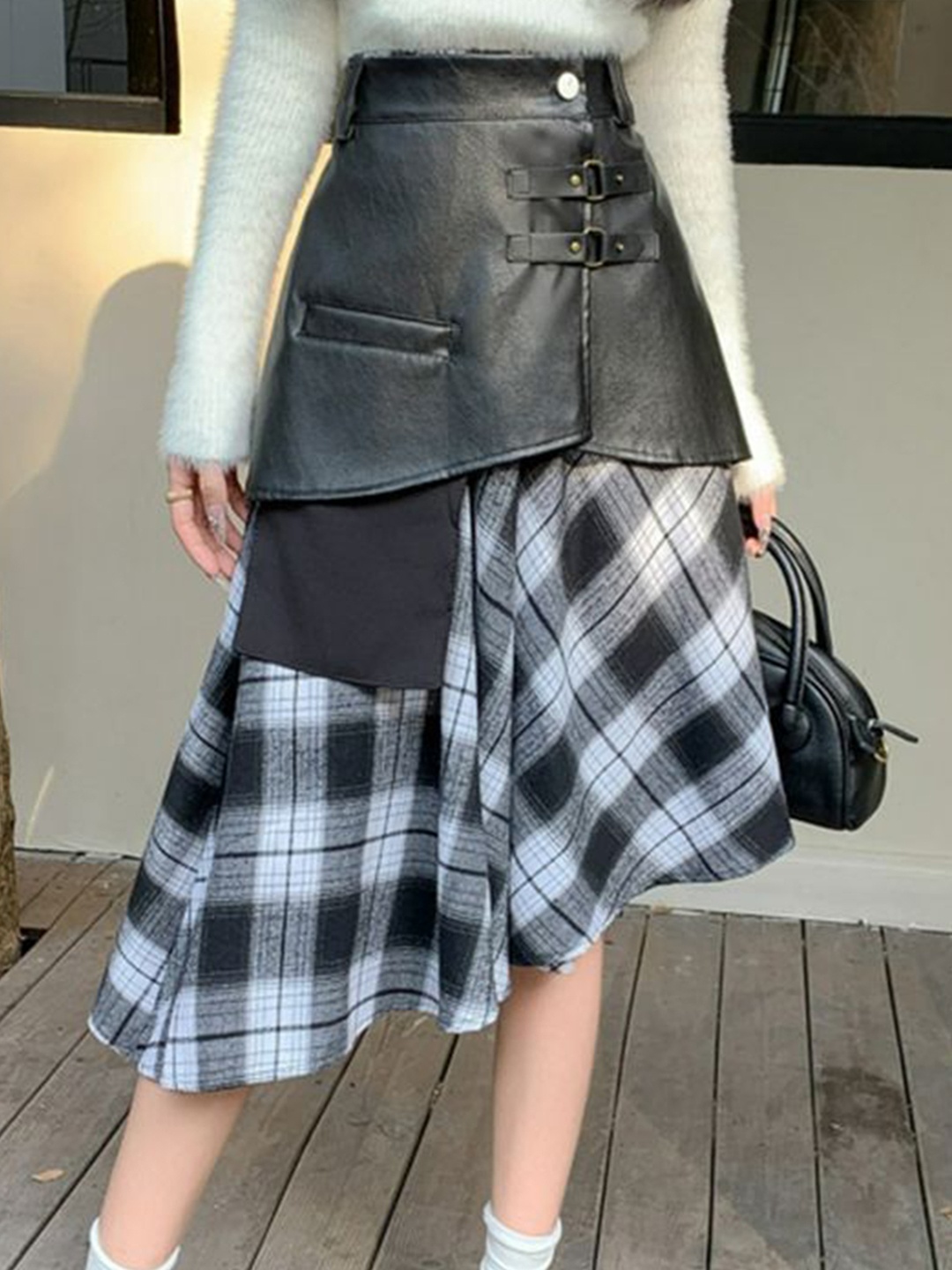 

PANKH Woollen Plaid Mid length Two Piece Skirt, Black
