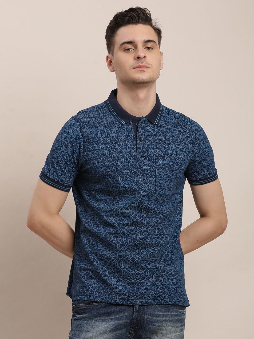 

Turtle Men Printed Polo Collar Ethnic Pure Cotton Pockets Slim Fit T-shirt, Blue