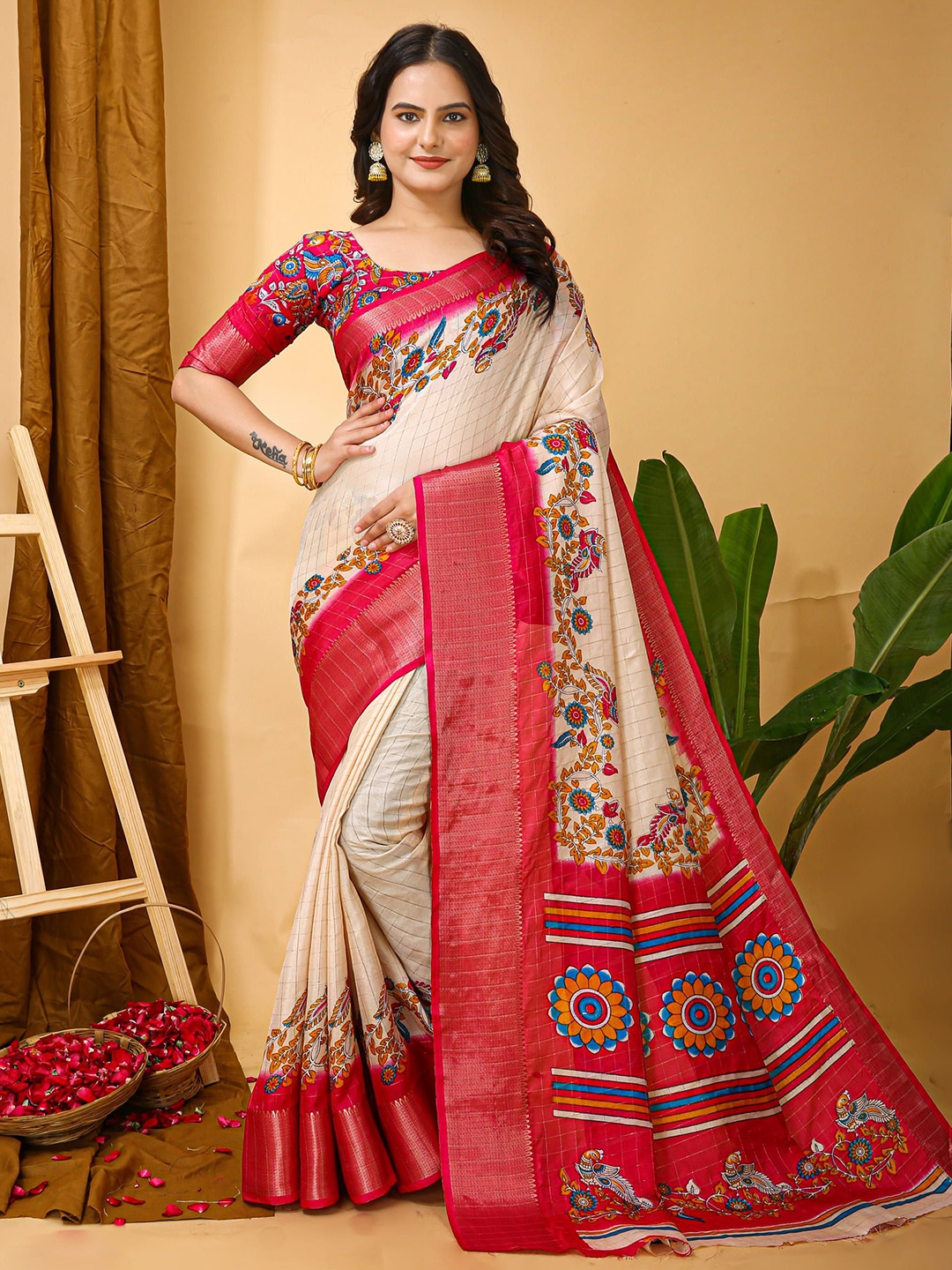 

HERE&NOW Kalamkari Zari Silk Cotton Banarasi Saree, Cream