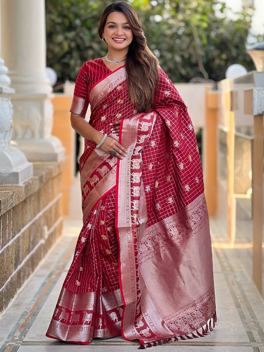 

Mitera Woven Design Zari Silk Blend Saree, Red