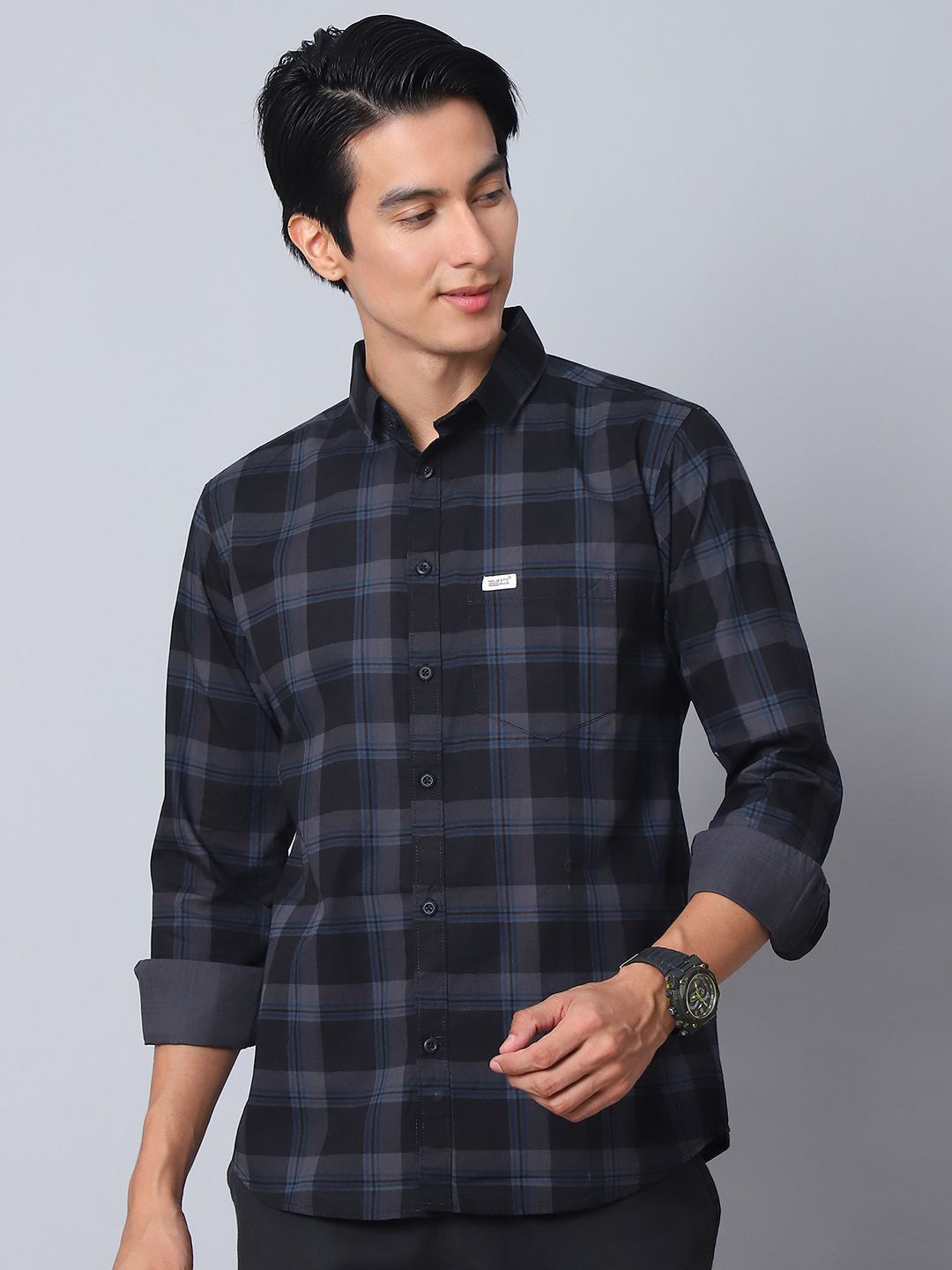 

Majestic Man Men Comfort Slim Fit Opaque Checked Casual Shirt, Grey