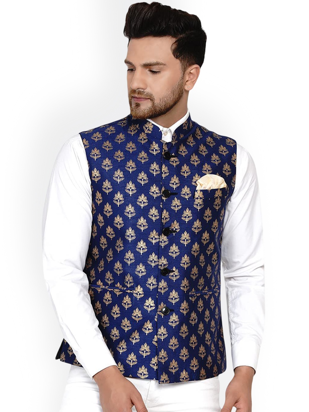 

VEERA PARIDHAAN Banarasi Printed Mandarin Collar Nehru Jacket, Blue