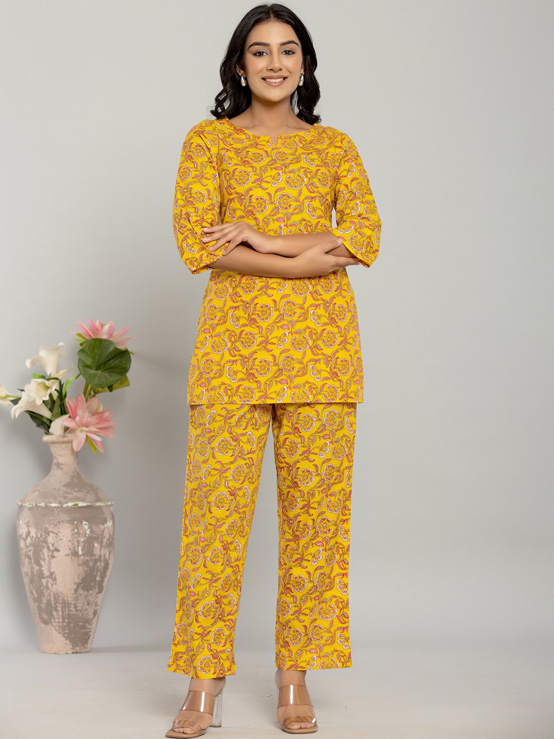 

Serenita Printed Pure Cotton Top & Trousers Co-OrdsSet, Mustard
