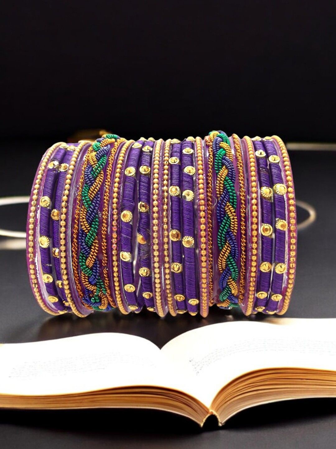 

FEMMIBELLA Set Of 18 Glass Silk Thread Stone Studded Chuda Bangles, Purple