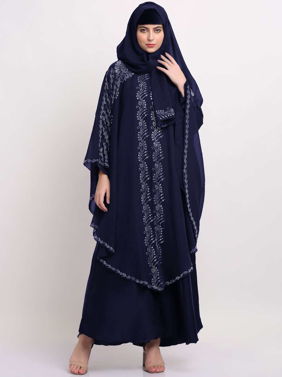 

Arrabi Embellished Detail Round Neck Indian Ethnic Burqa With Scarf, Blue