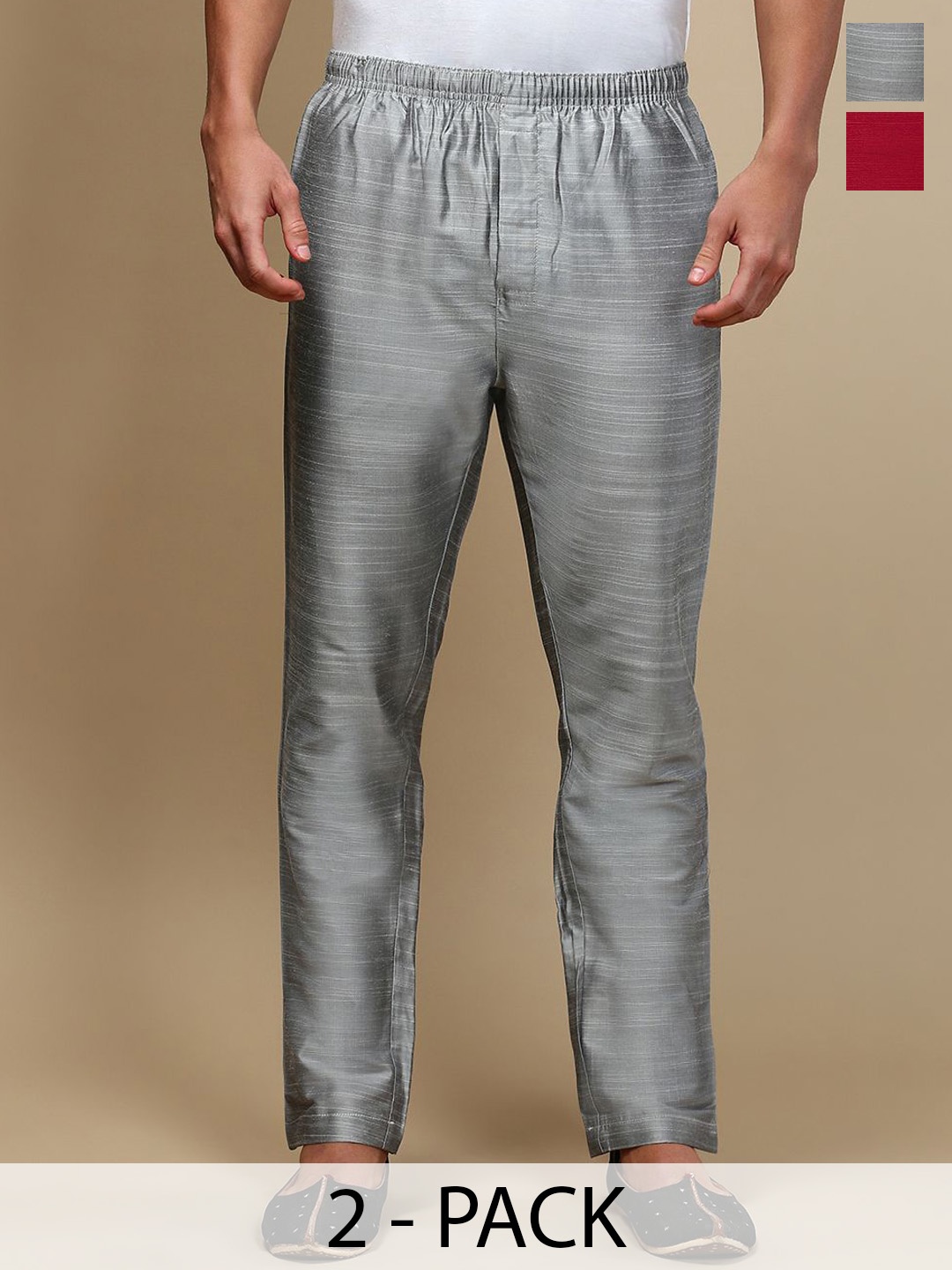

WHITE HEART Pack Of 2 Mid Rise Pyjamas With Side Pockets, Burgundy