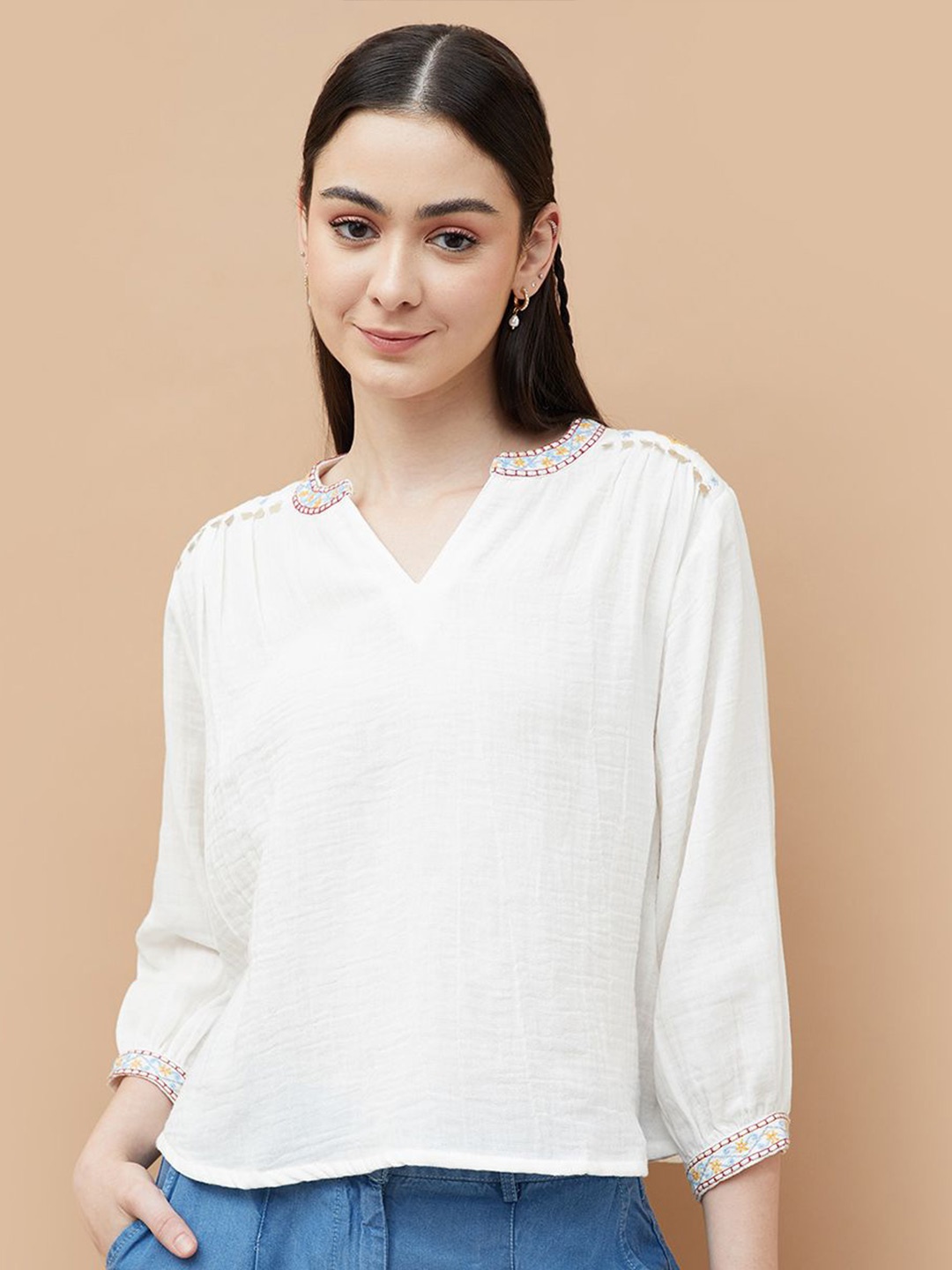 

Colour Me by Melange Print Cotton Top, Off white