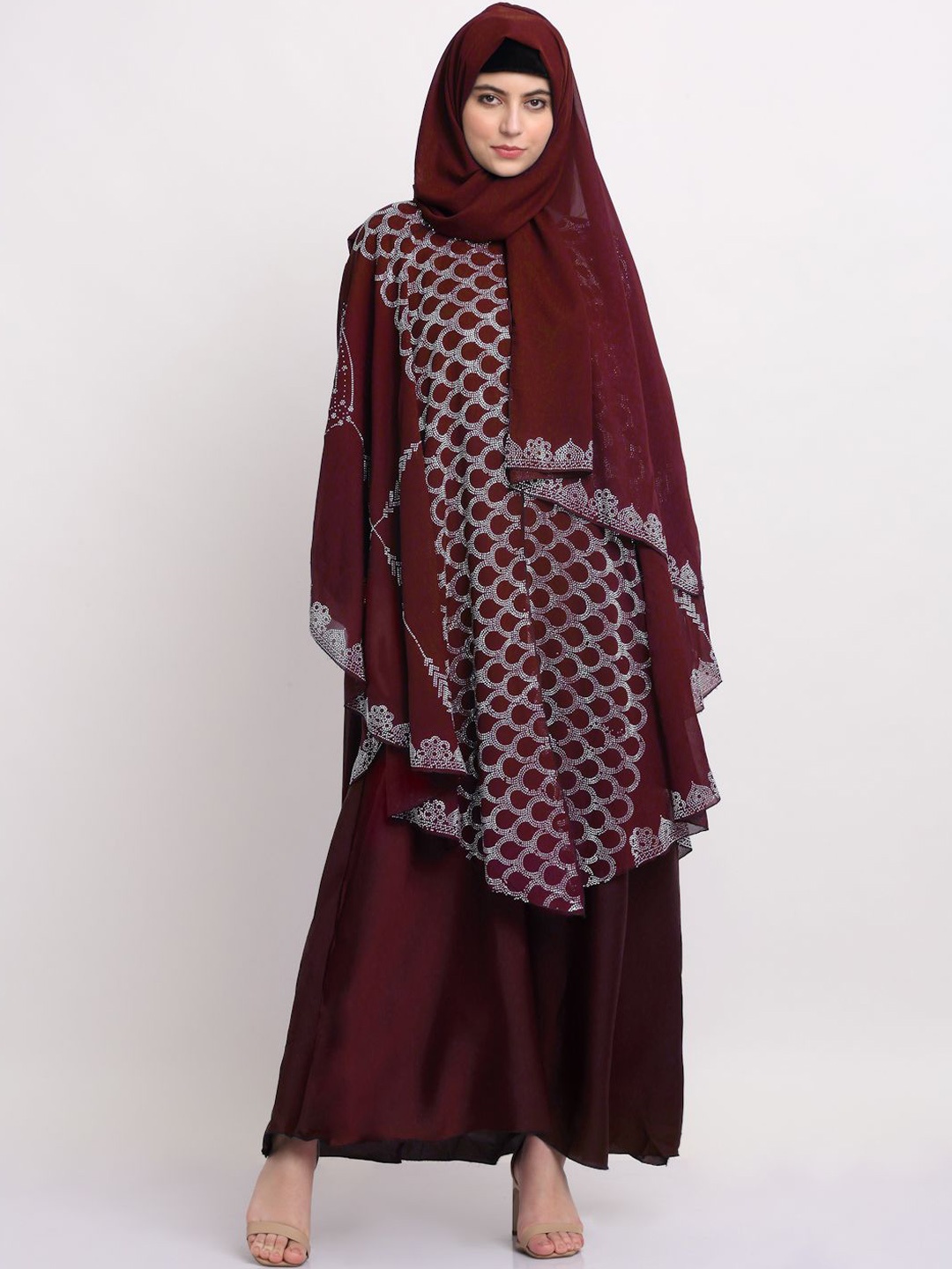 

Arrabi Embellished Detail Round Neck Indian Ethnic Burqa With Scarf, Maroon