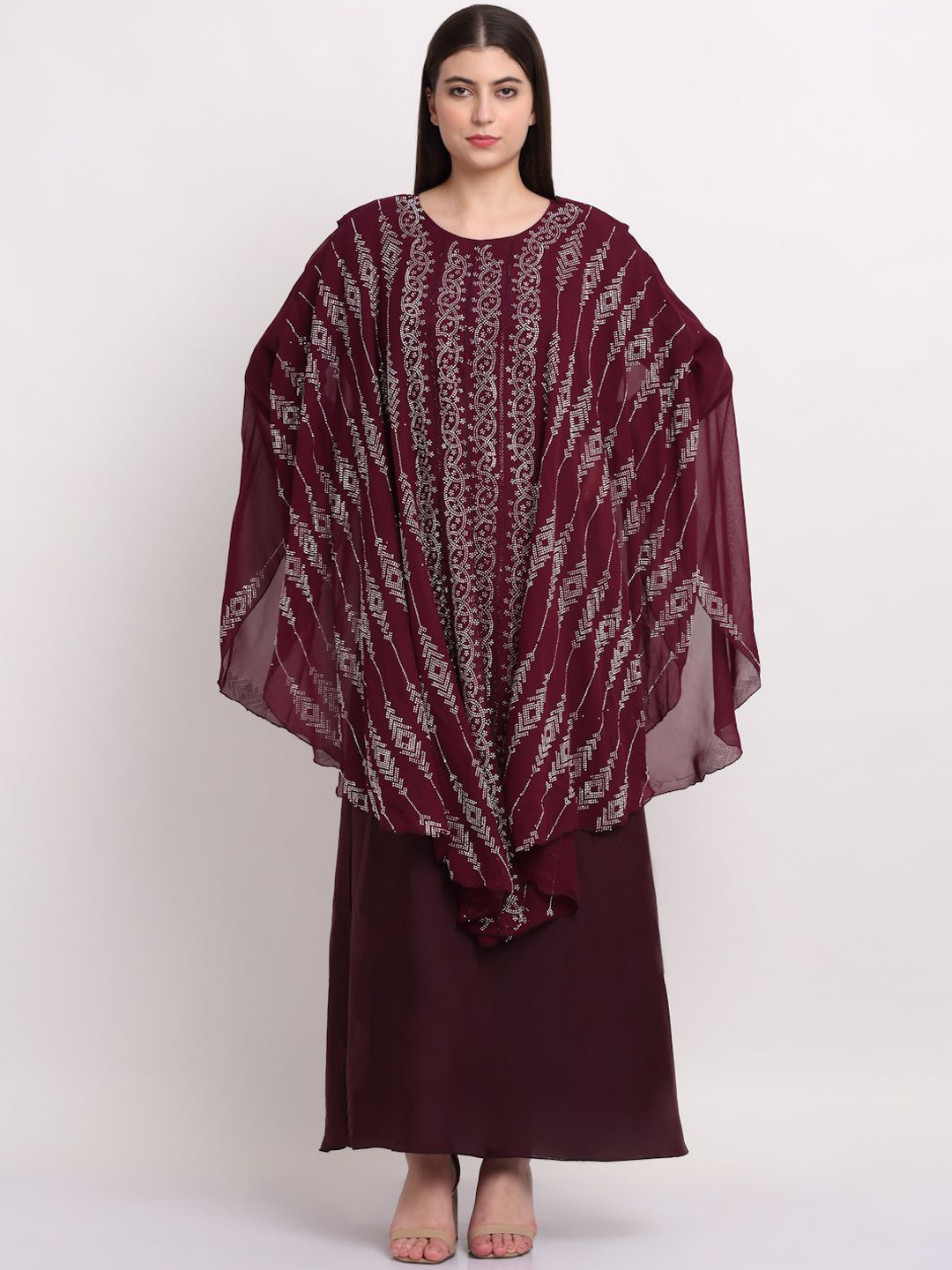 

Arrabi Embellished Detail Round Neck Indian Ethnic Burqa With Scarf, Maroon