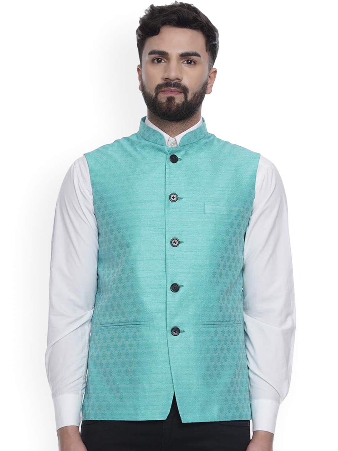 

VEERA PARIDHAAN Printed Jacquard Mandarin Collar Nehru Jackets, Green