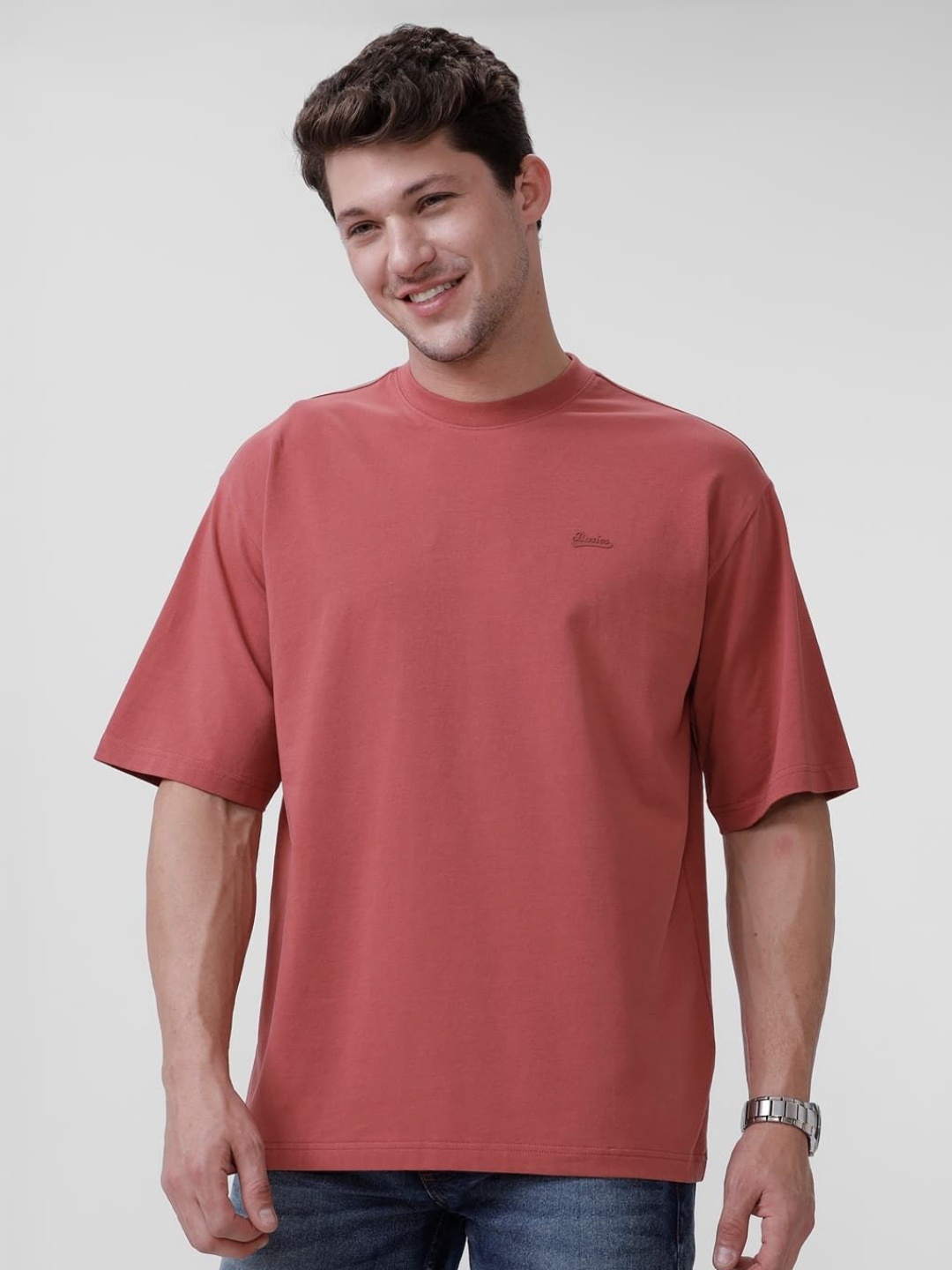 

Basics Men Drop-Shoulder Sleeves Solid Cotton Stretch T-shirt, Pink
