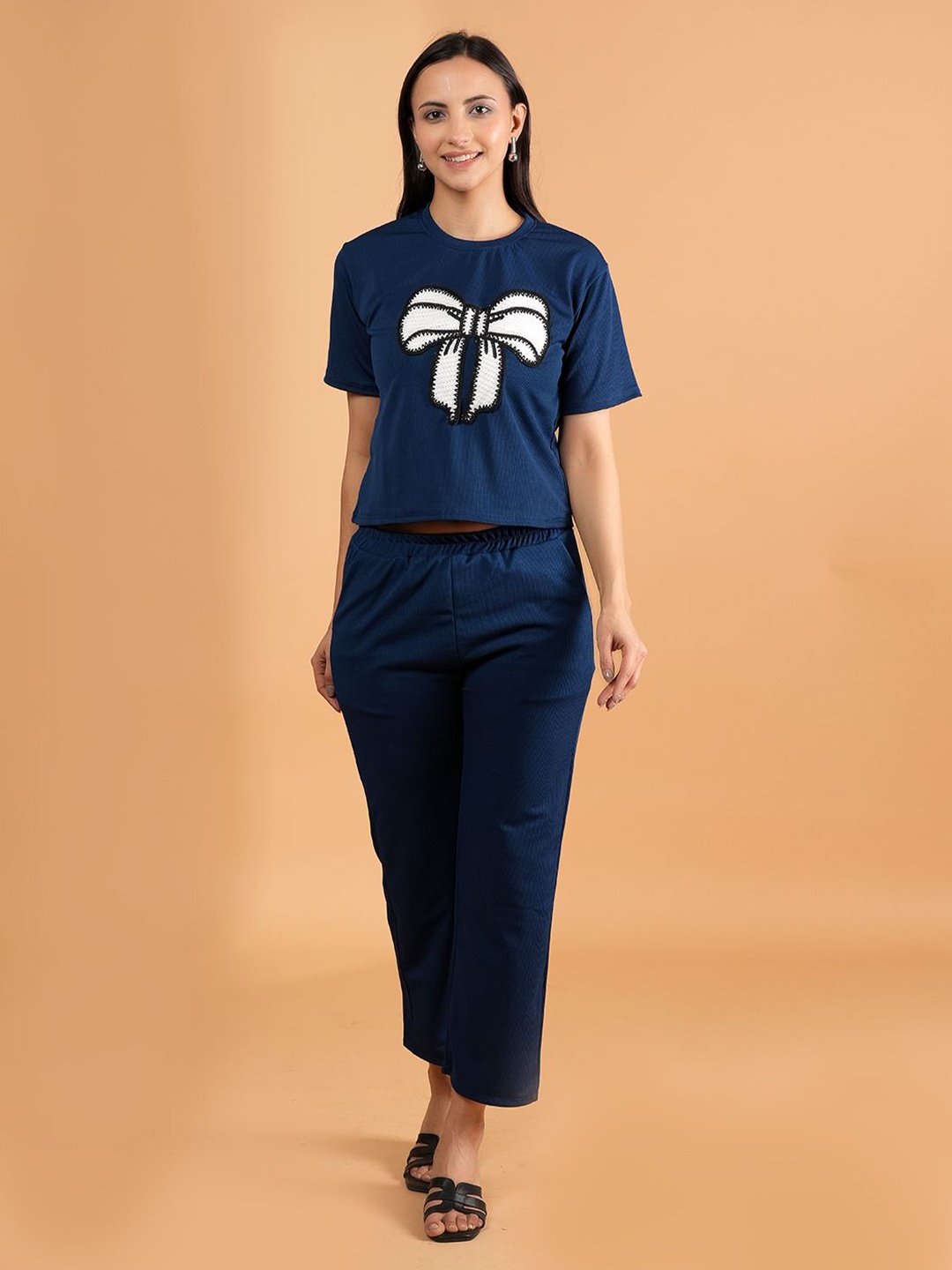 

Belfry Bow Printed Round Neck T-Shirt With Trousers Co-Ords, Navy blue