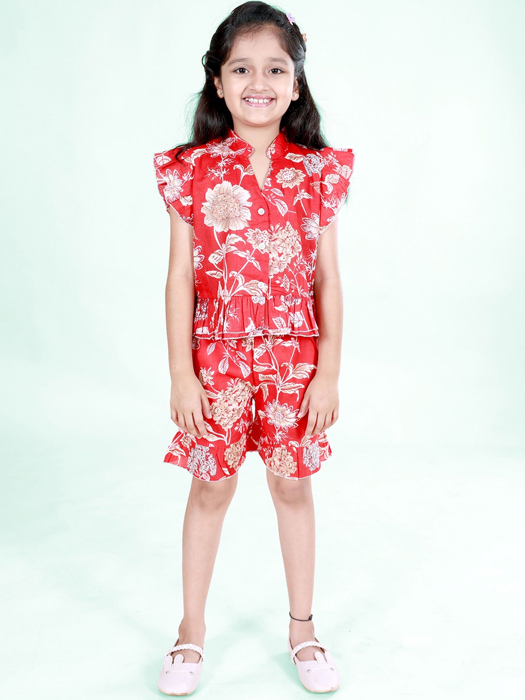 

KiddoPanti Girls Printed Pure Cotton Top With Shorts, Red