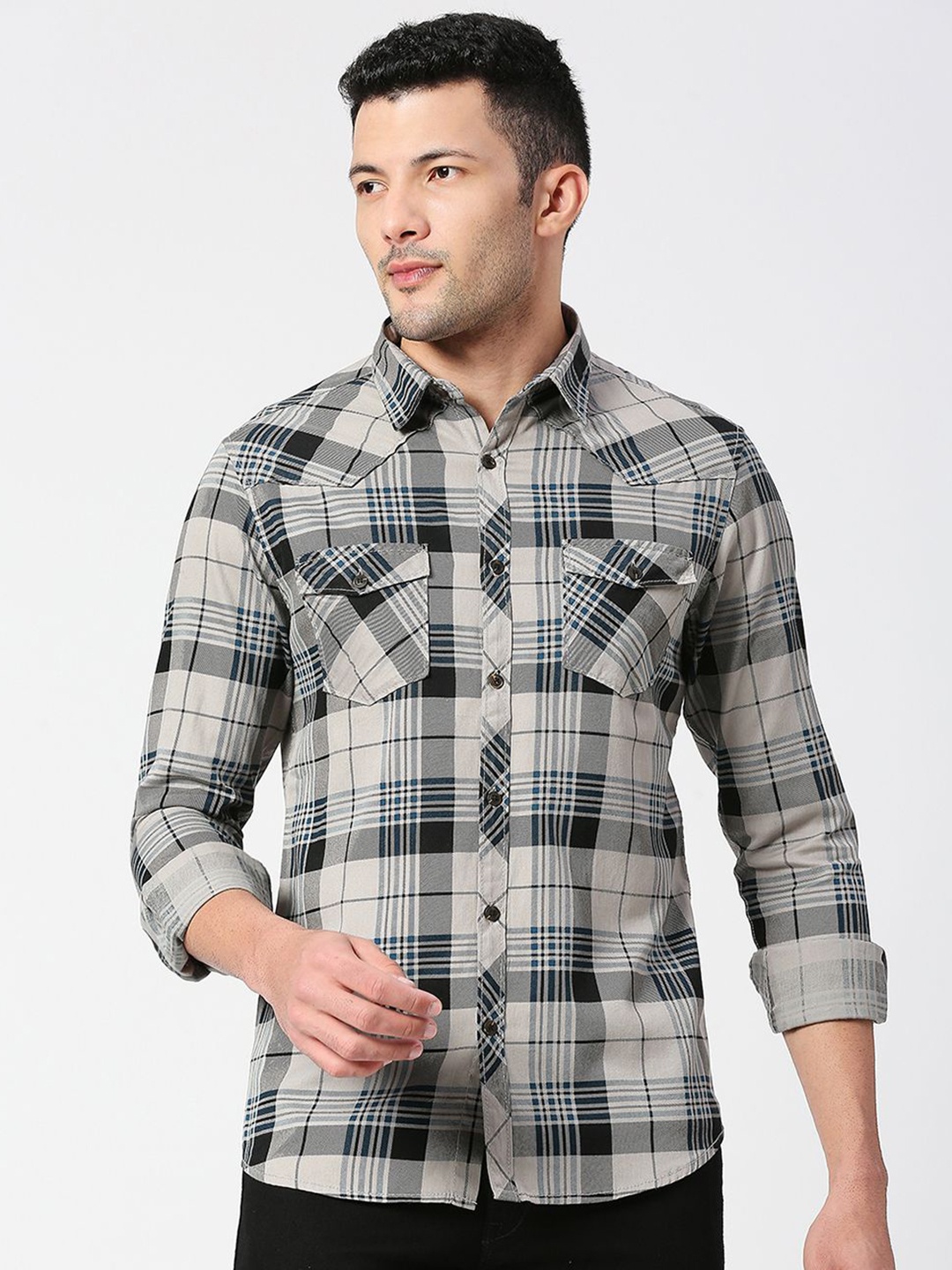 

SNX Men Tailored Fit Checked Casual Shirt, Grey