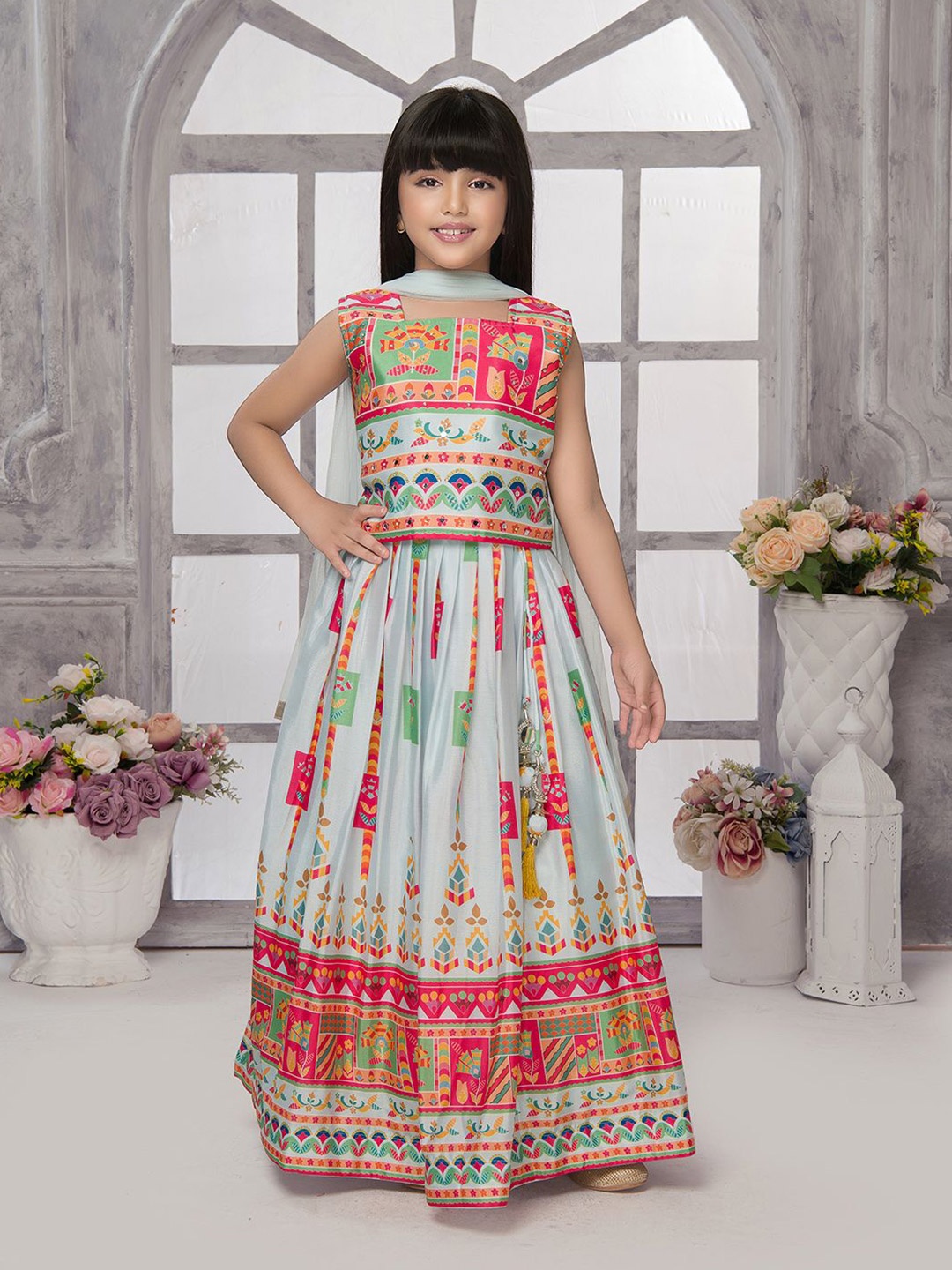 

Tiny Kingdom Girls Printed Ready to Wear Lehenga & Blouse With Dupatta, Blue