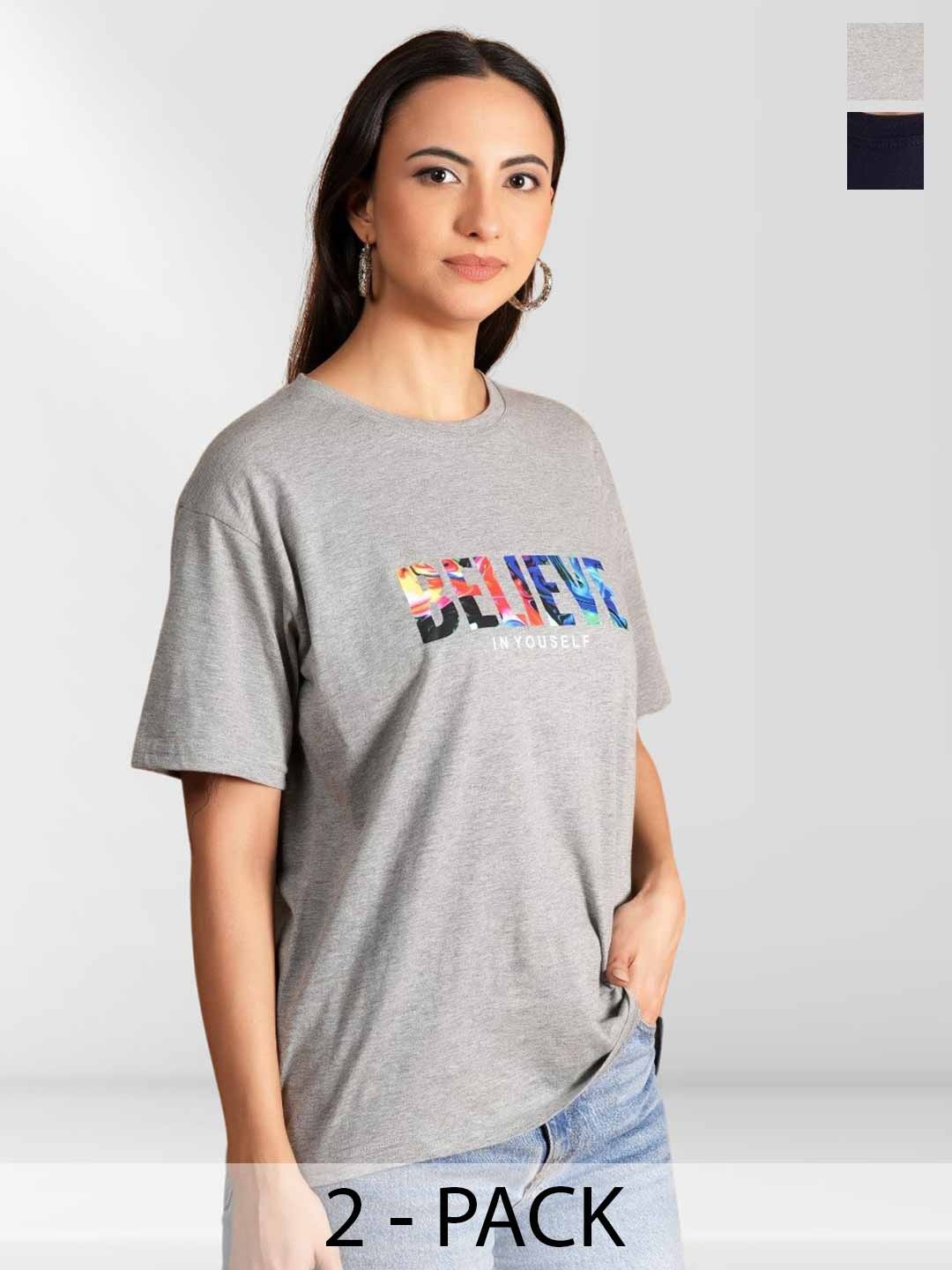 

Belfry Women Pack of 2 Typography Printed Round Neck Cotton T-shirts, Grey