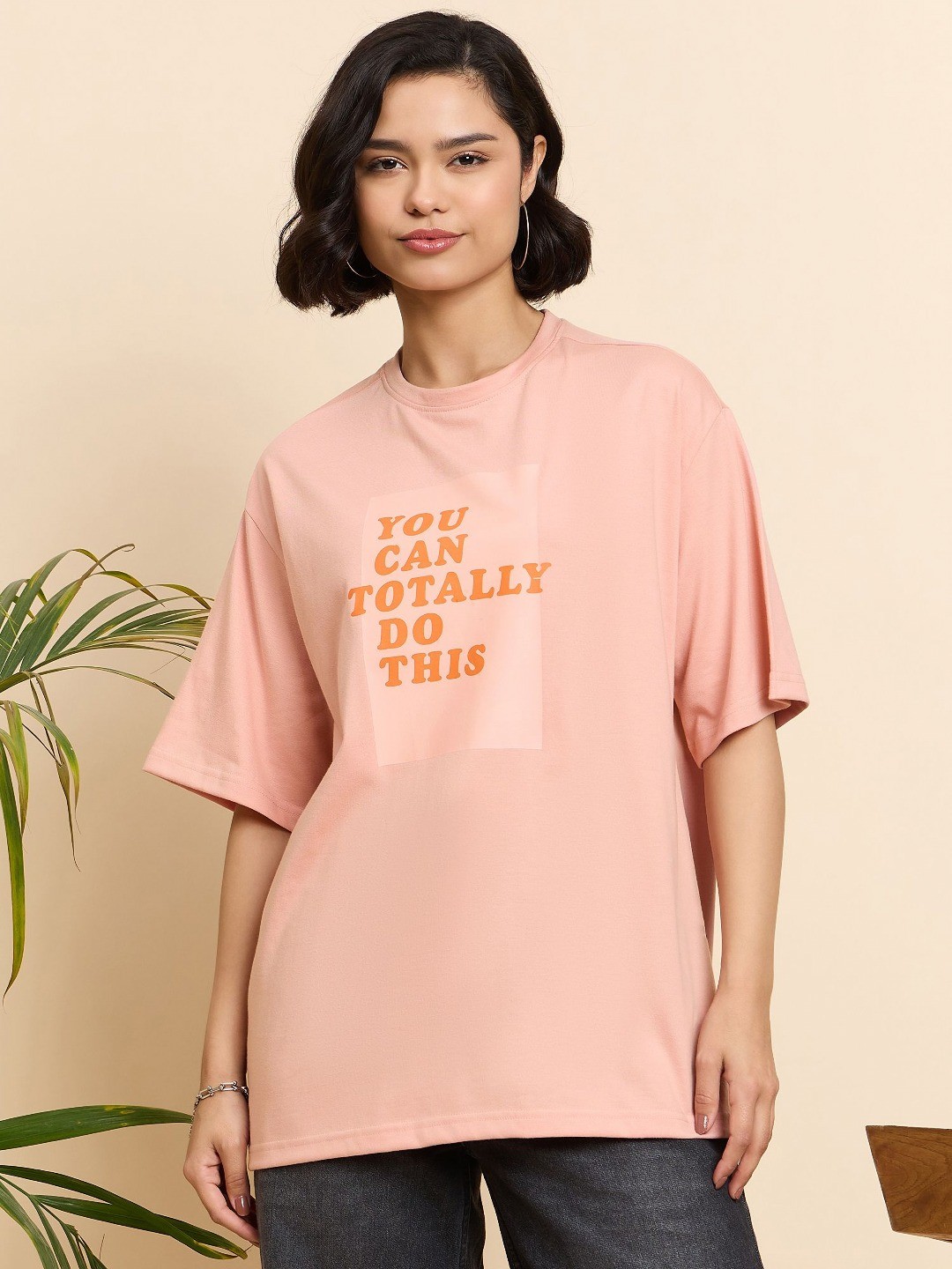 

Mast & Harbour Women Printed Drop-Shoulder Sleeves T-shirt, Peach