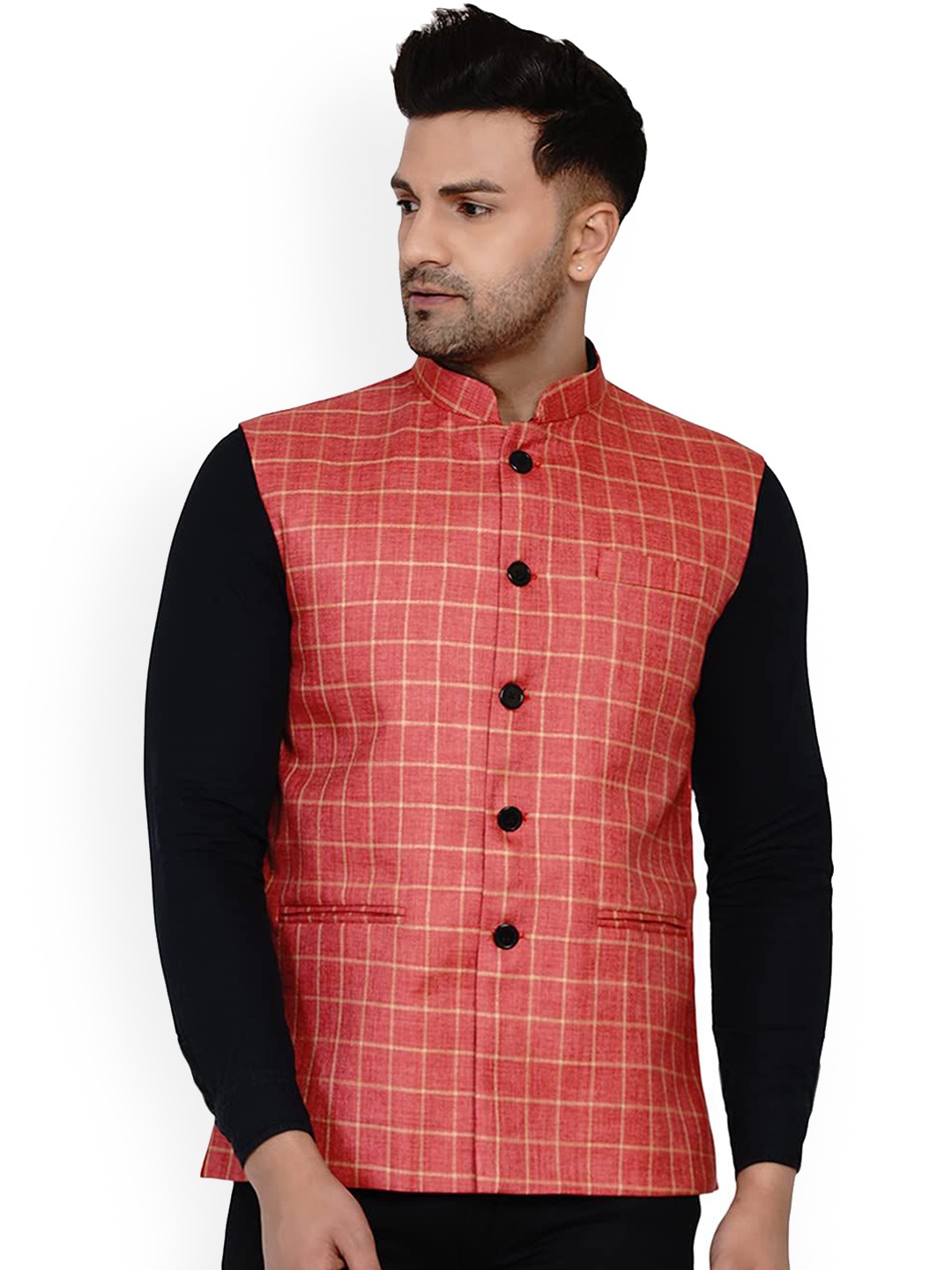 

VEERA PARIDHAAN Checkered Printed Mandarin Collar Nehru Jacket, Red
