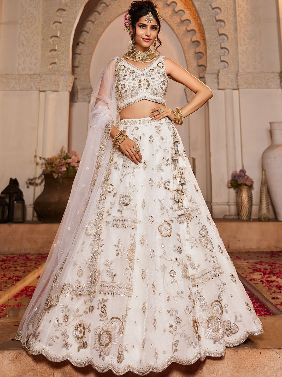 

panchhi Embroidered Beads and Stones Semi-Stitched Lehenga & Unstitched Blouse With Dupatta, Off white