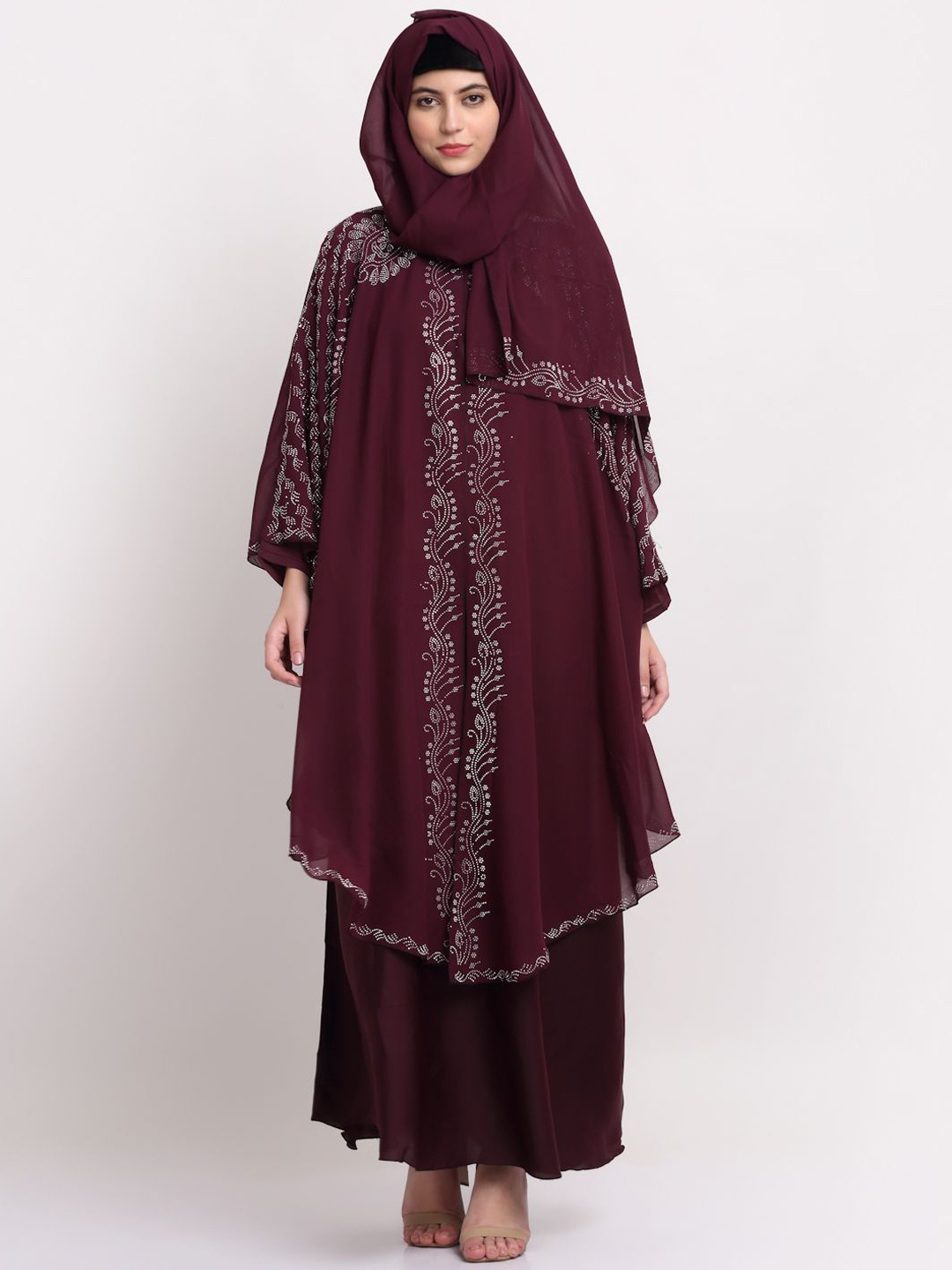 

Arrabi Embellished Detail Round Neck Indian Ethnic Burqa With Scarf, Maroon