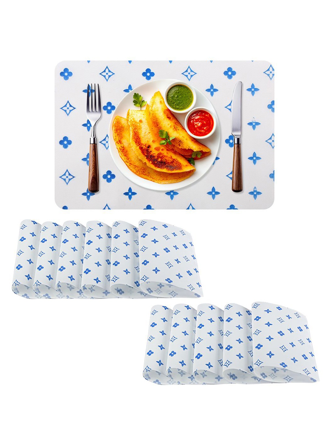 

Kuber Industries 12-Pcs White & Blue Star Printed Anti-Slip Dining Table Placemats