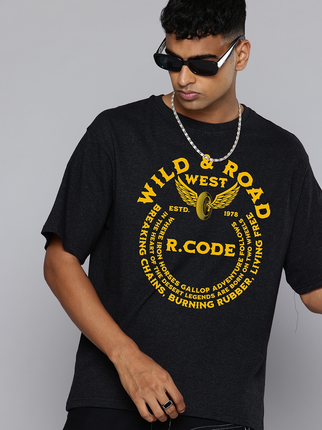 

R.Code by The Roadster Life Co. Men Typography Printed Raw Edge T-shirt, Charcoal
