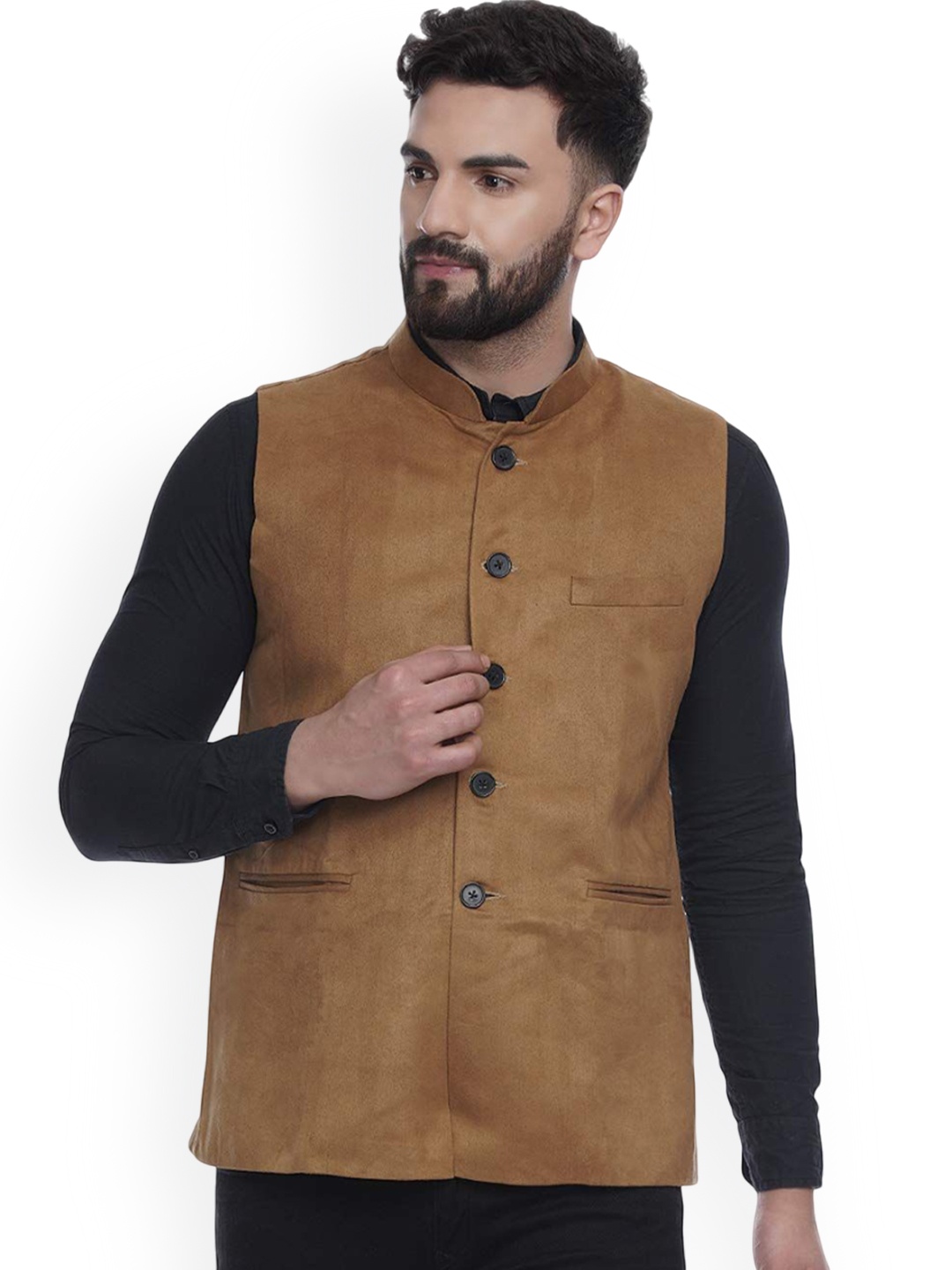 

VEERA PARIDHAAN Suede Velvet Chinese Collar Nehru Jacket, Brown