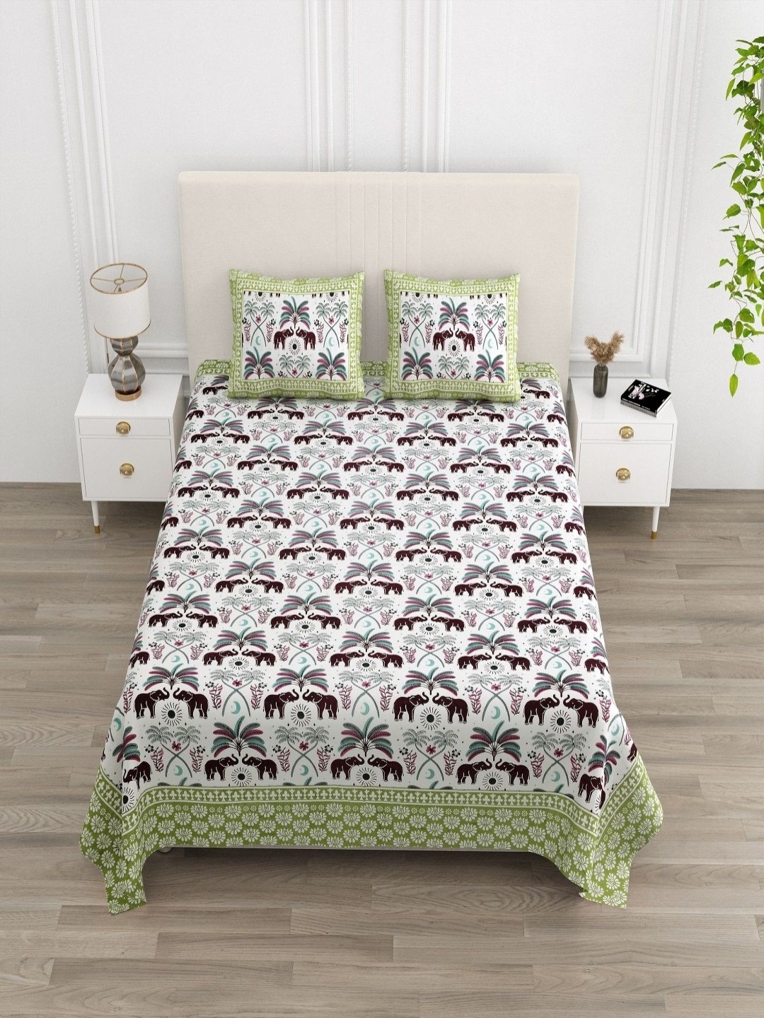 

CHICERY White & Green Ethnic Motifs 210 TC King Bedsheet with 2 Pillow Covers
