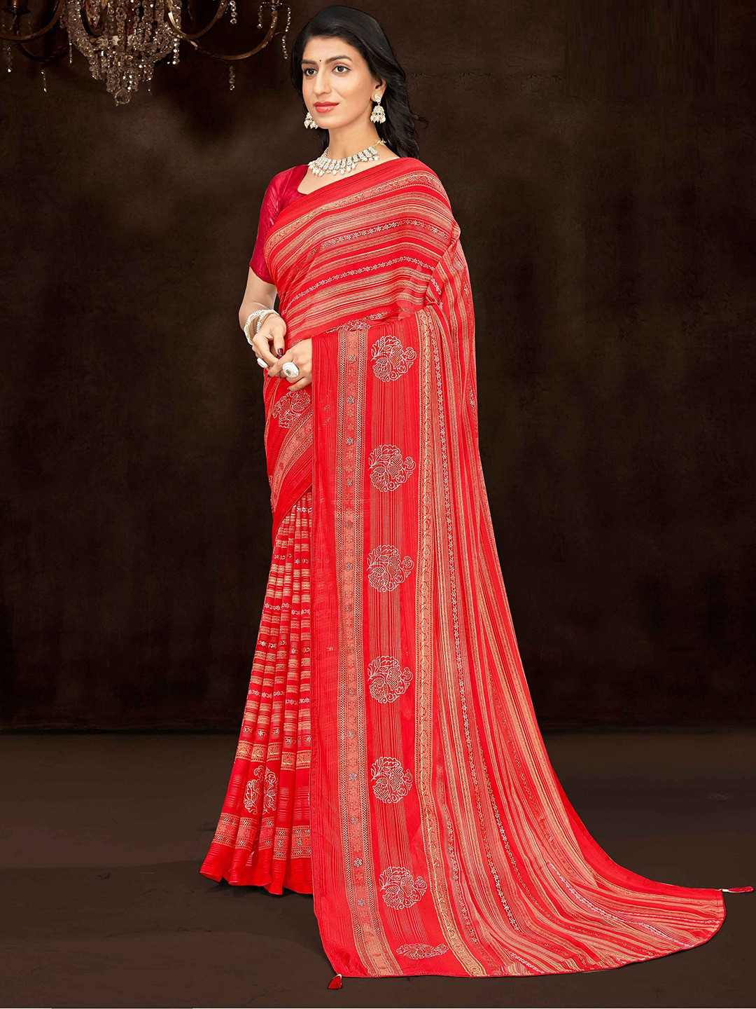 

MAHALASA Floral Pure Georgette Saree, Red