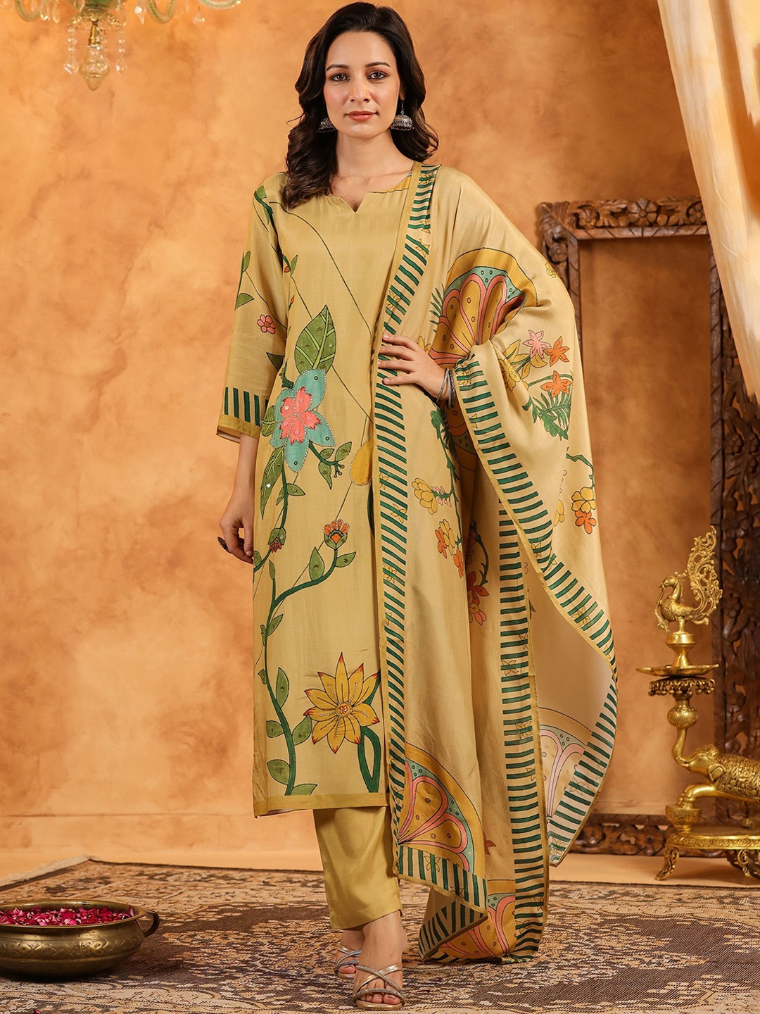 

HOUSE OF MORA Women Floral Printed Regular Beads and Stones Kurta with Trousers & With Dupatta, Beige
