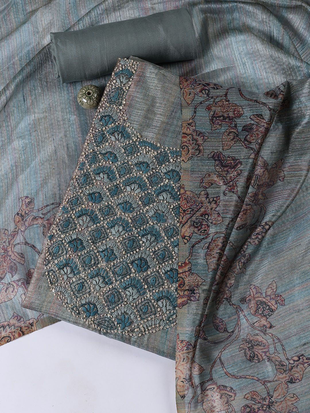 

Meena Bazaar Printed Art Silk Unstitched Dress Material, Teal