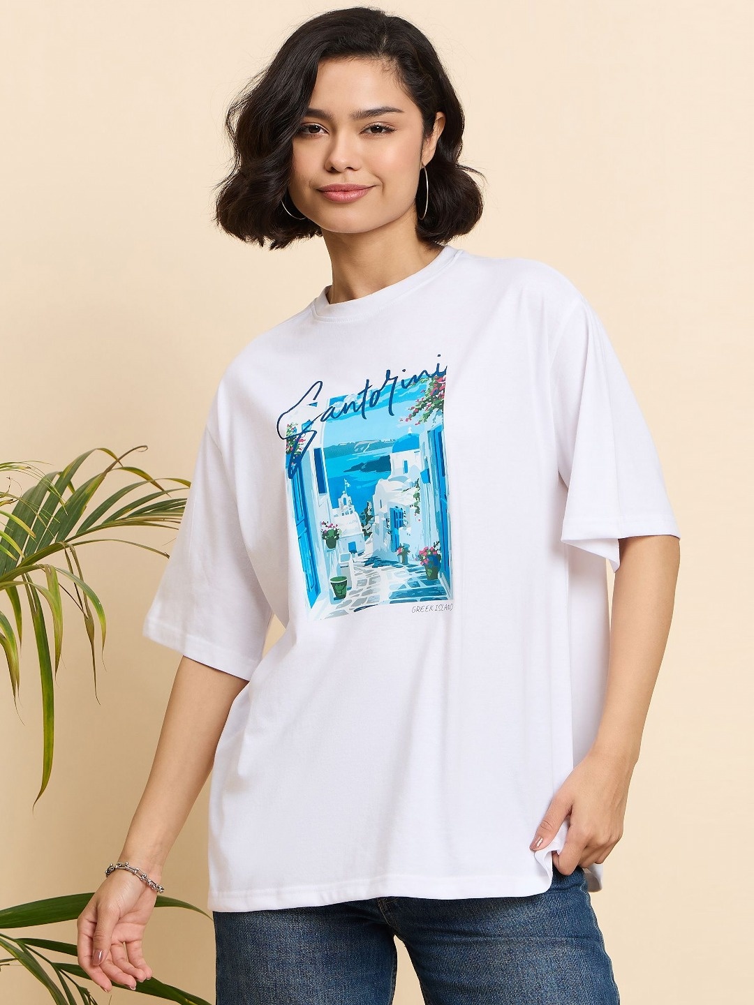 

Mast & Harbour Women Printed Drop-Shoulder Sleeves T-shirt, White