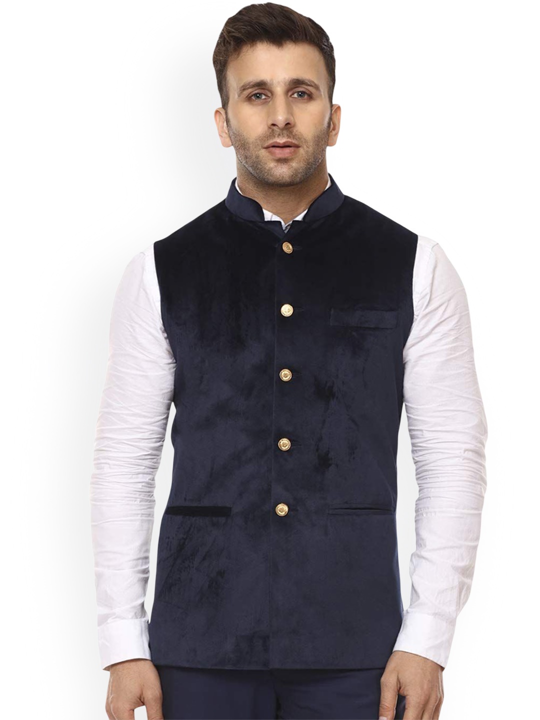 

VEERA PARIDHAAN Velvet Mandarin Collar Nehru Jackets, Blue