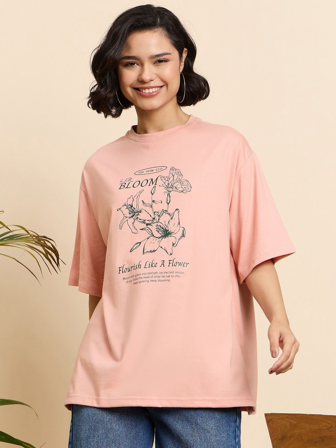 

Mast & Harbour Women Printed Drop-Shoulder Sleeves T-shirt, Peach