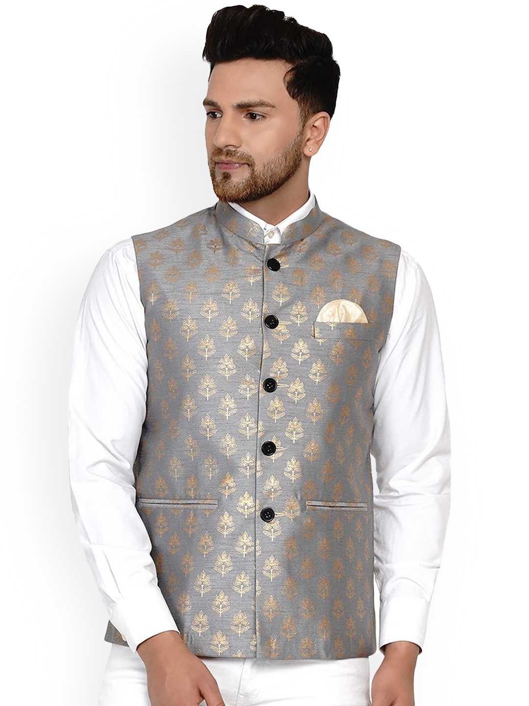 

VEERA PARIDHAAN Printed Banarasi Mandarin Collar Nehru Jackets, Grey