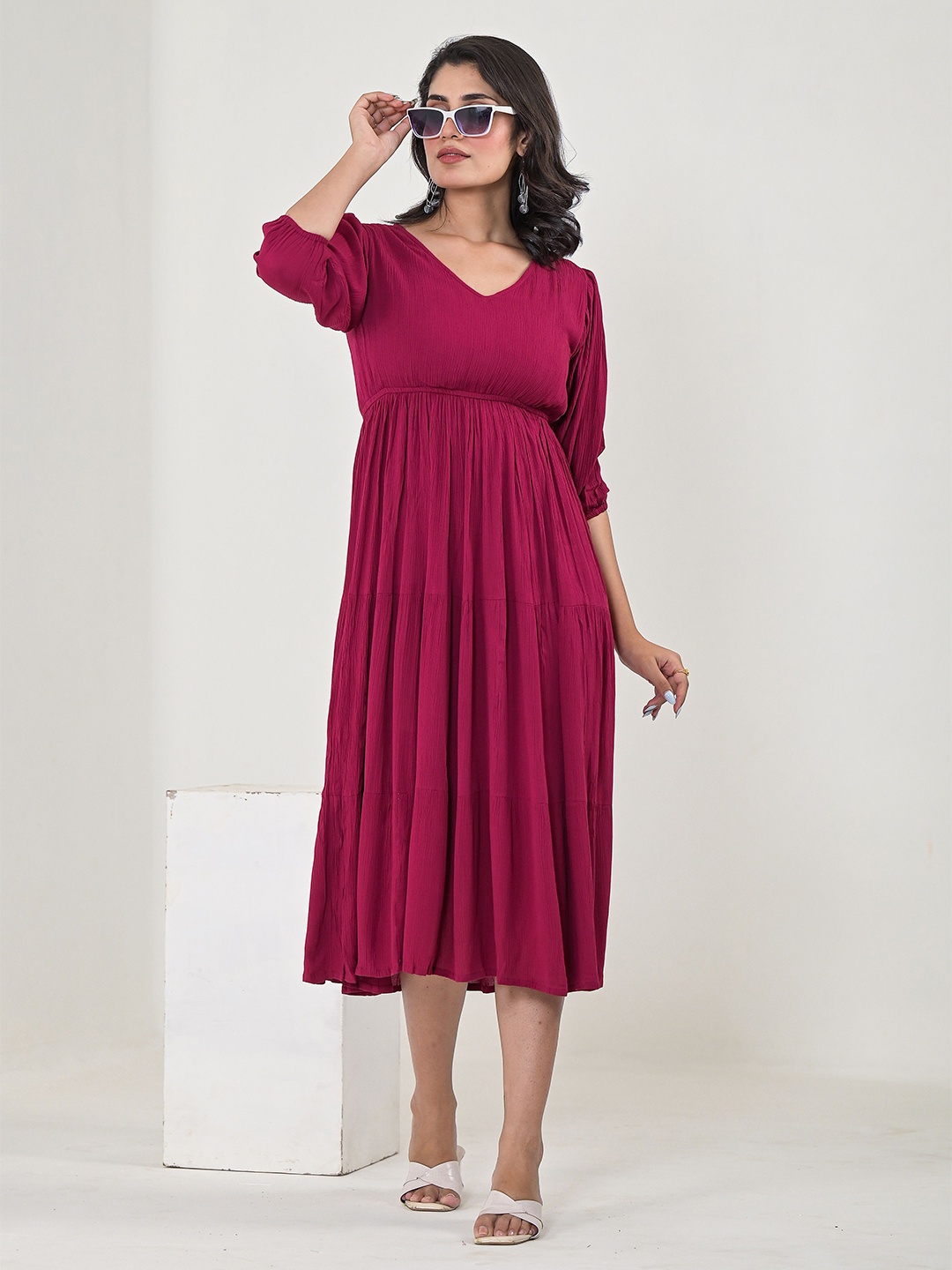 

KASHISHIYA Crepe Fit & Flare Midi Dress, Maroon