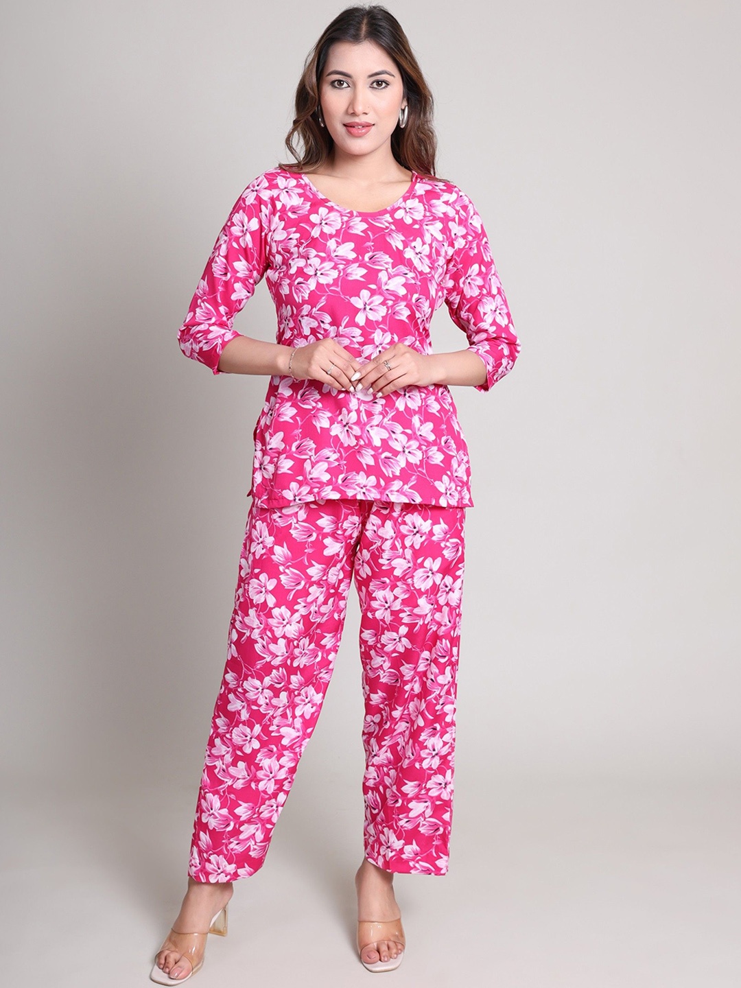

BAVLA Printed Round Neck Top With Trousers Co-Ords Set, Pink