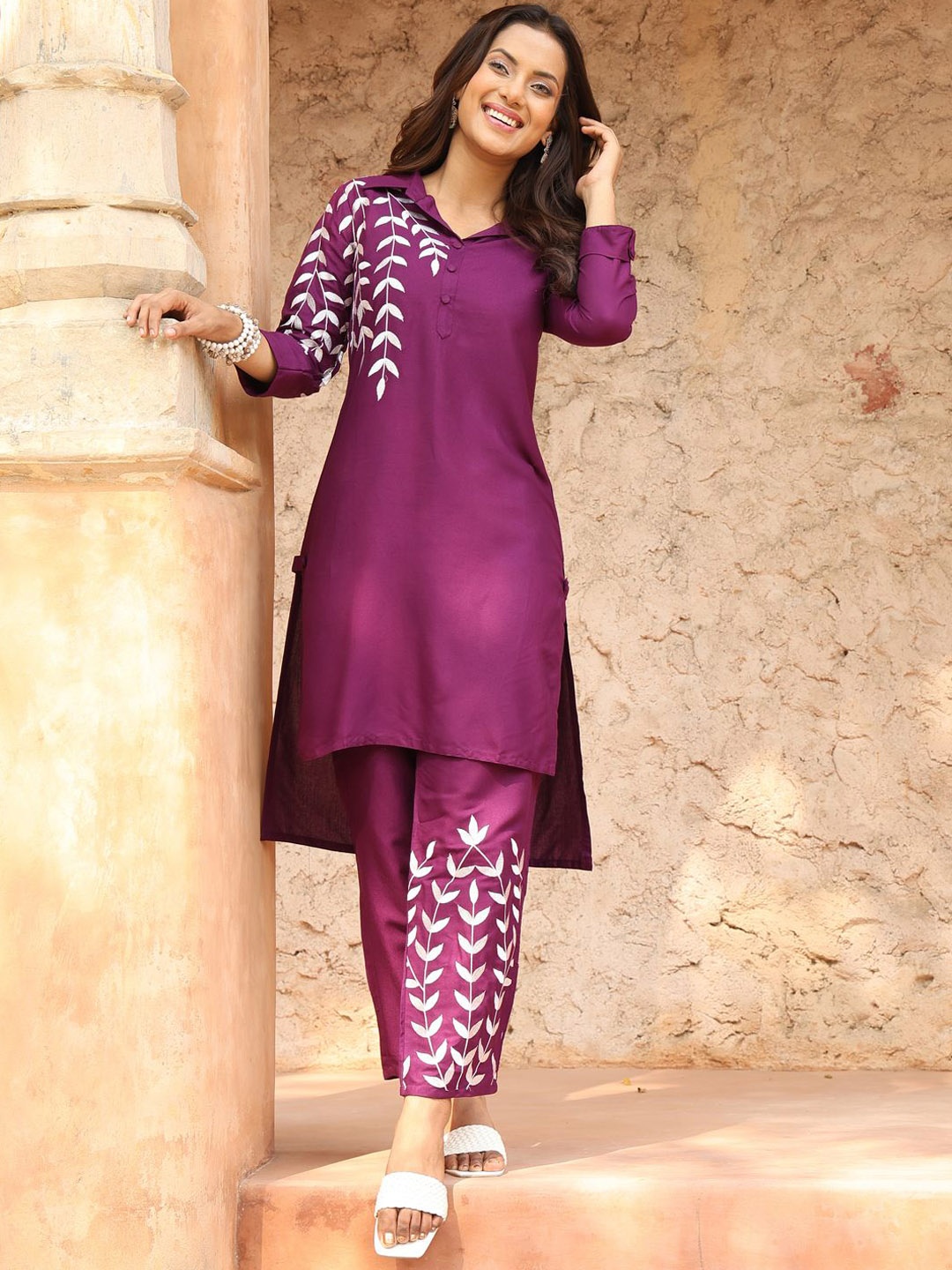 

KIMAYRA Shirt Collar Neck Top With Trousers Co-Ords, Purple