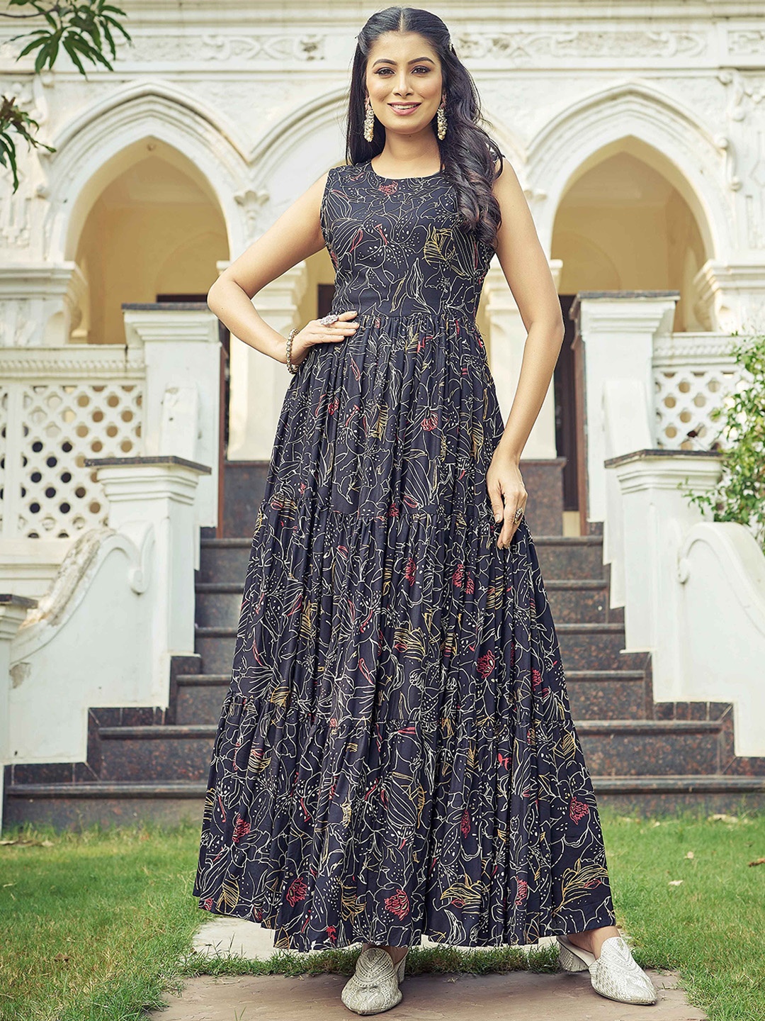

Chandbaali Floral Printed Fit & Flared Maxi Dress, Black