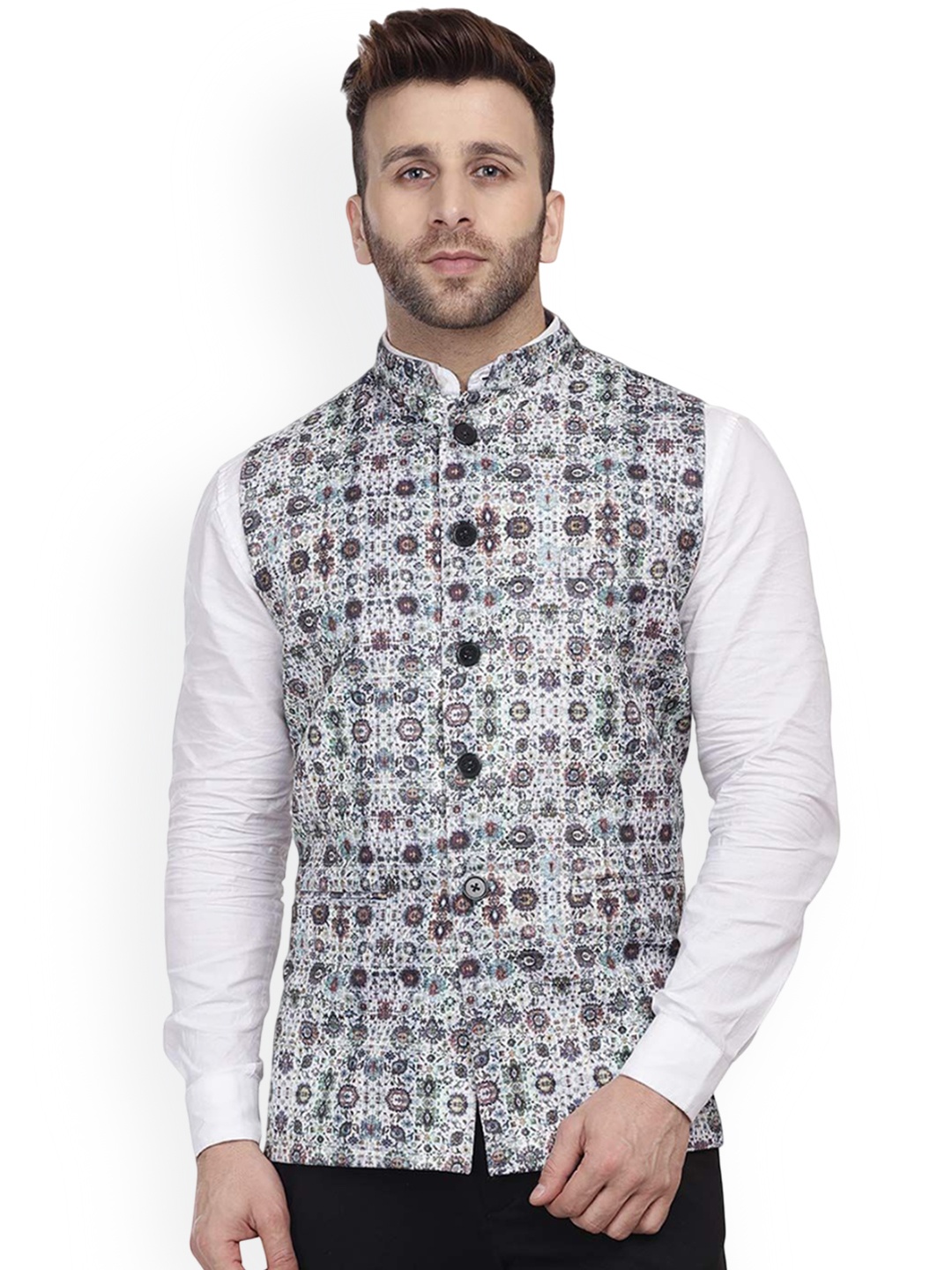 

VEERA PARIDHAAN Pure Cotton Printed Mandarin Collar Nehru Jacket, White