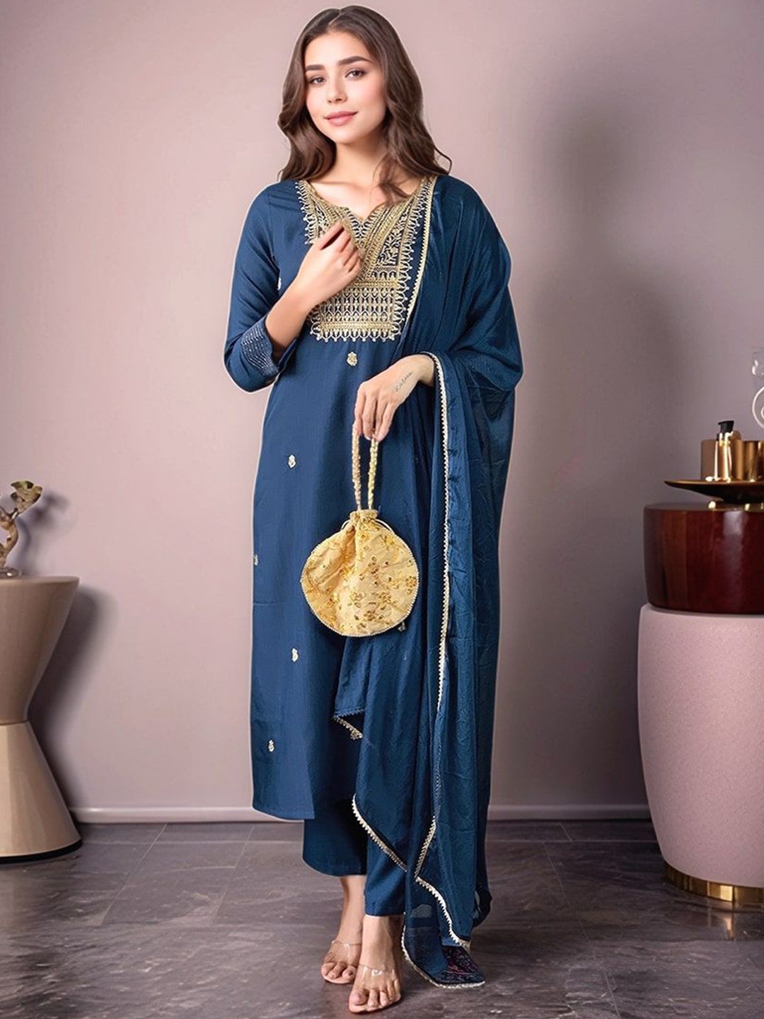 

KALINI Women Ethnic Motifs Embroidered Regular Sequinned Kurta with Trousers & With Dupatta, Teal
