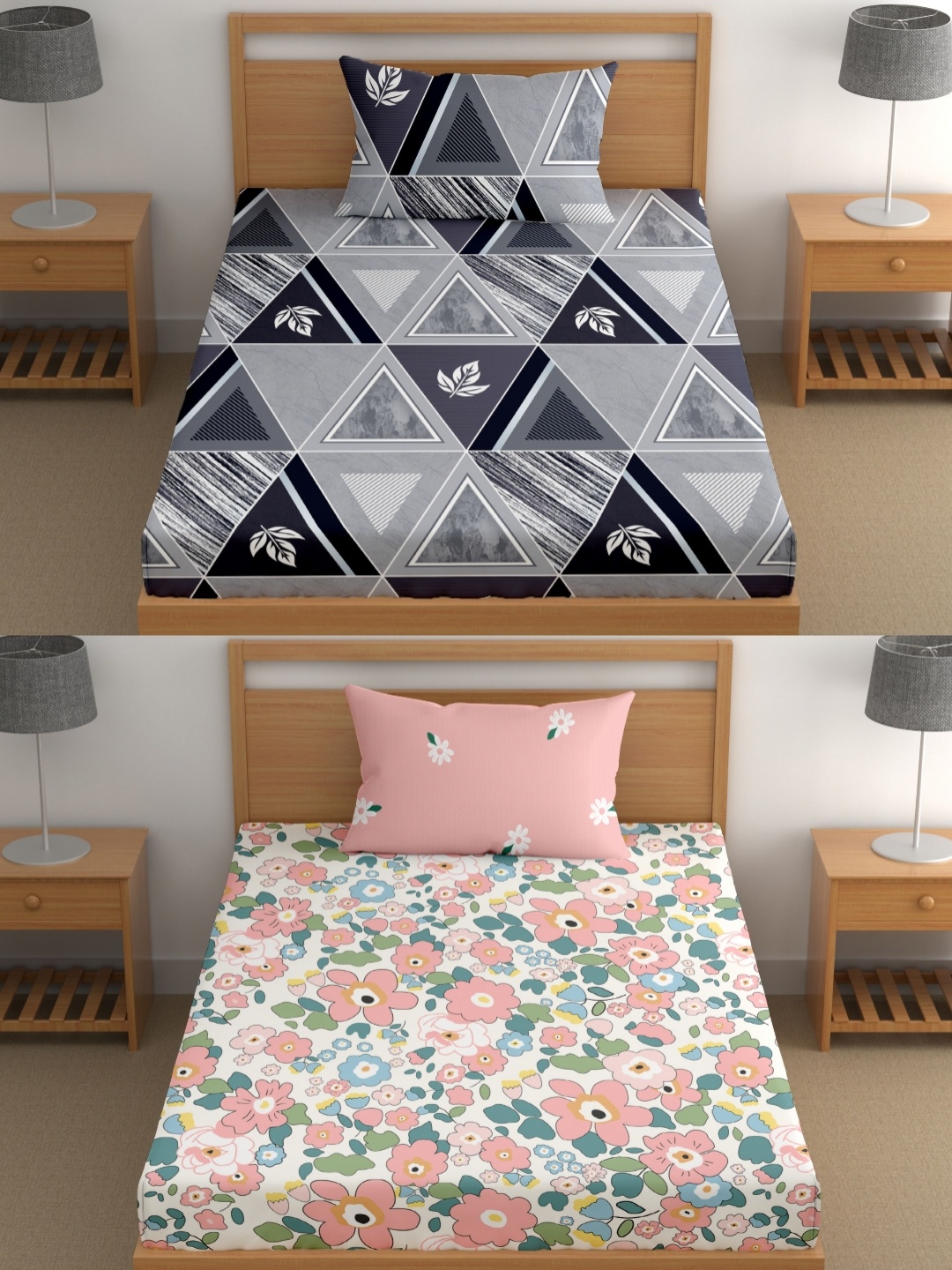 

CG HOMES Pink & Grey 180 TC 2 Single Bedsheet with 2 Pillow Covers
