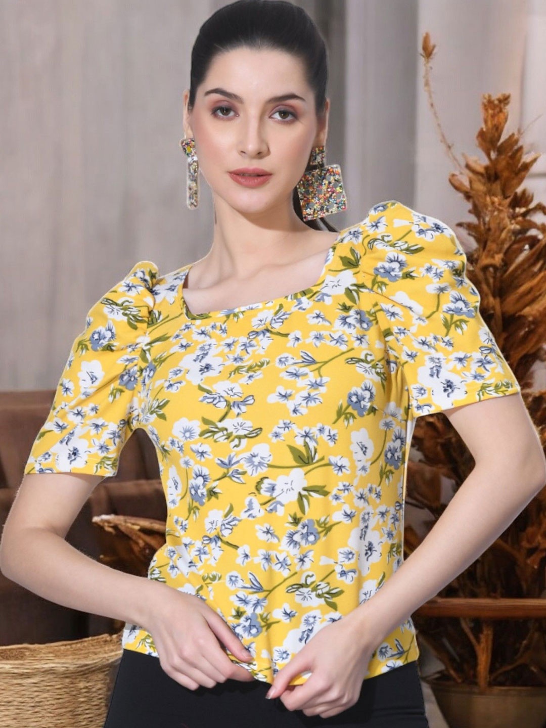

IUGA Print Puff Sleeve Top, Yellow
