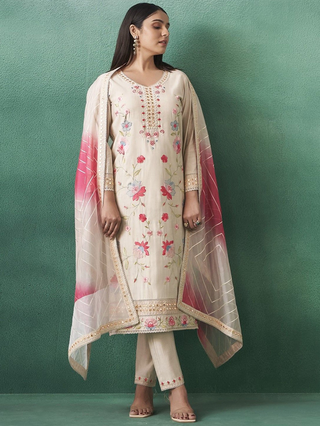 

AUTUMN LANE Women Floral Embroidered Regular Thread Work Kurta with Trousers & With Dupatta, Cream