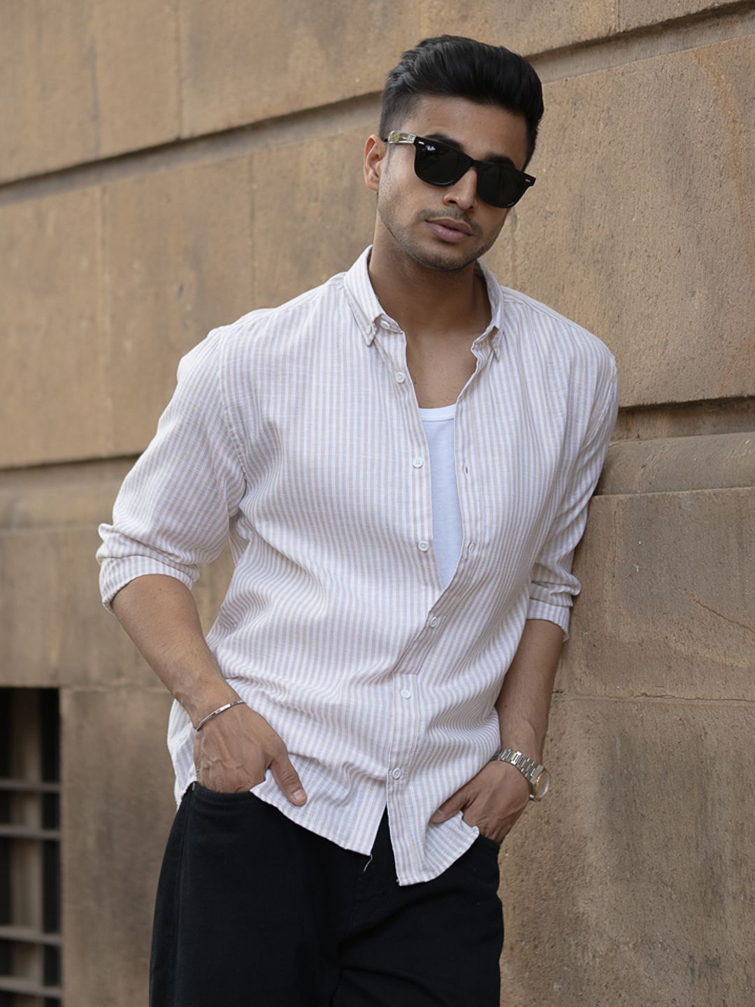 

Powerlook Men Opaque Striped Casual Shirt, Cream