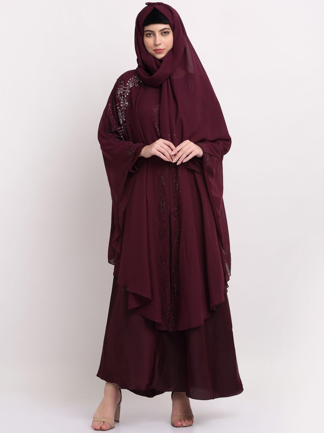 

Arrabi Embellished Detail Round Neck Indian Ethnic Burqa With Scarf, Maroon