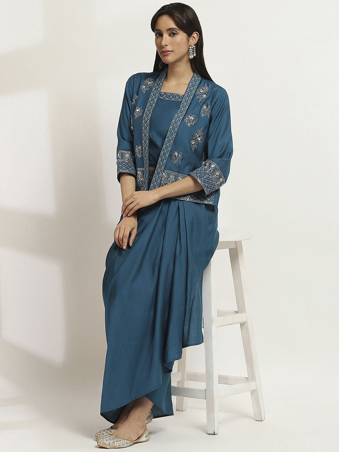 

Rangriti Embroidered Top Jacket With Skirt Co-Ords, Teal