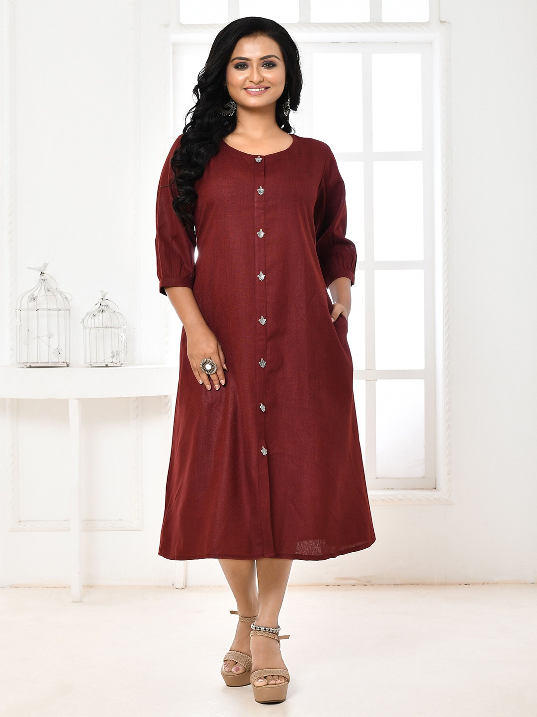 

THREAD SAGA Puff Sleeve A-Line Midi Dress, Maroon