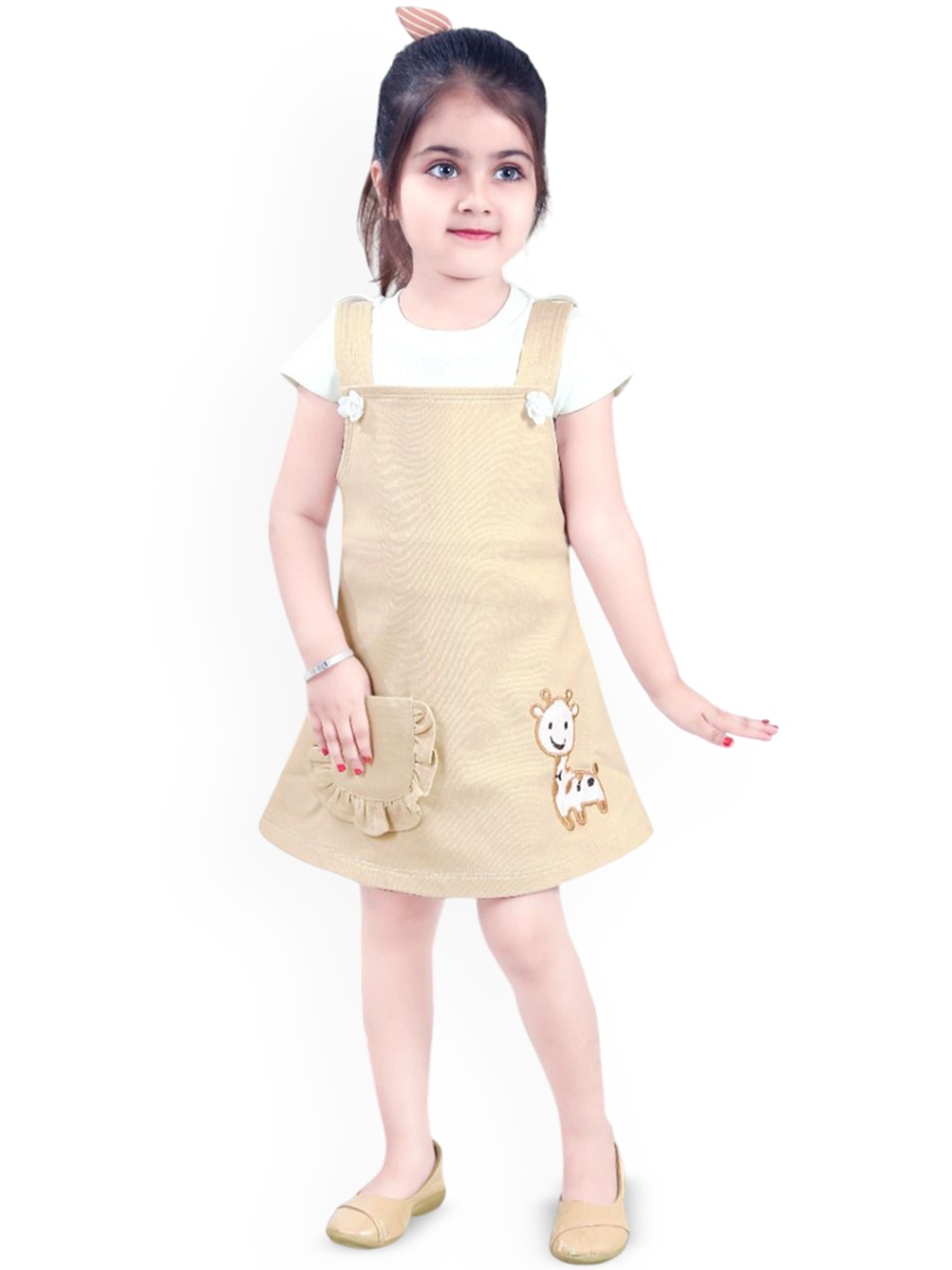 

kidoz Girls Embroidered Cotton Dungaree With T-Shirt, Cream