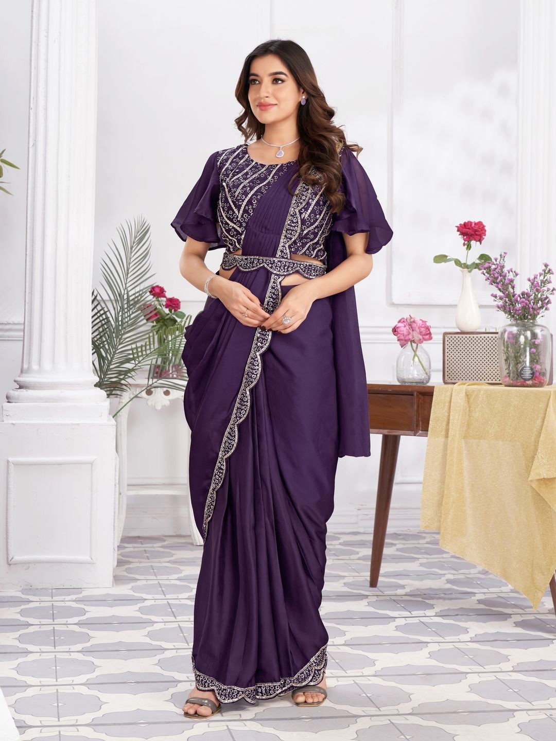 

Suha Embroidered Poly Georgette Saree, Purple